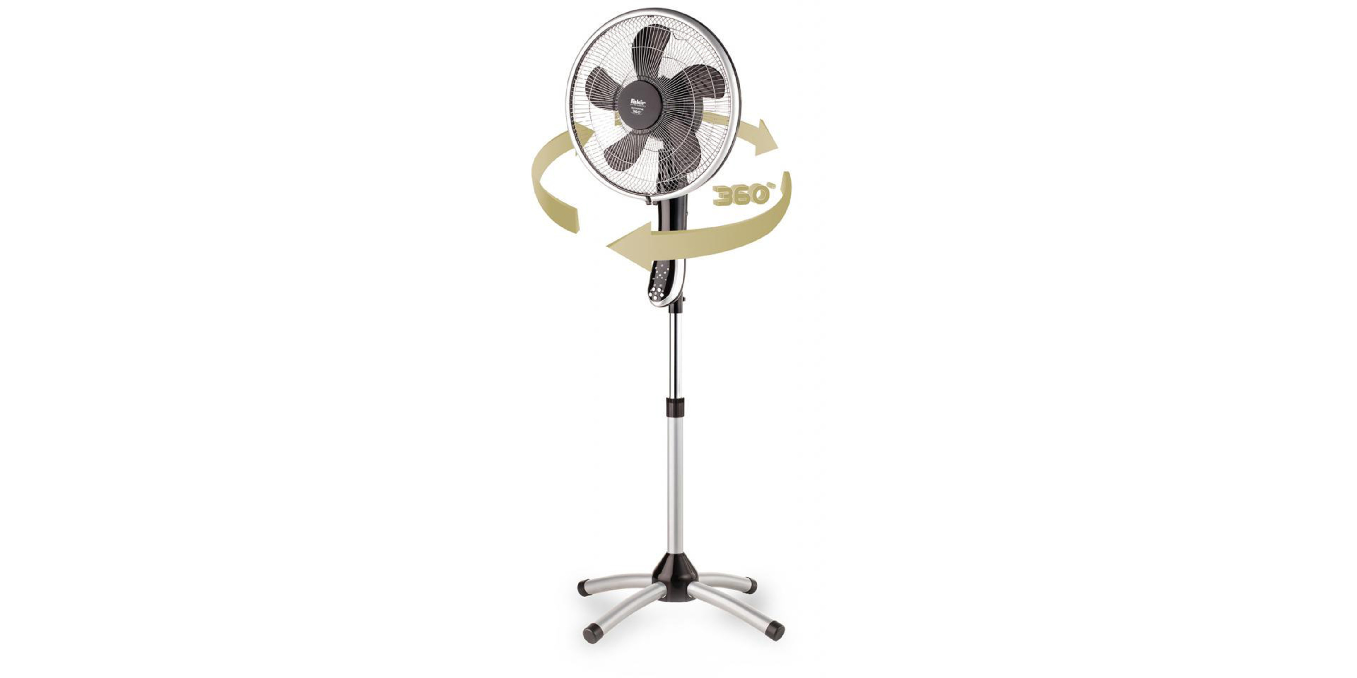 Ein Standventilator mit schwarzem Gitter, Silberständer und 360-Grad-Drehpfeilen.
