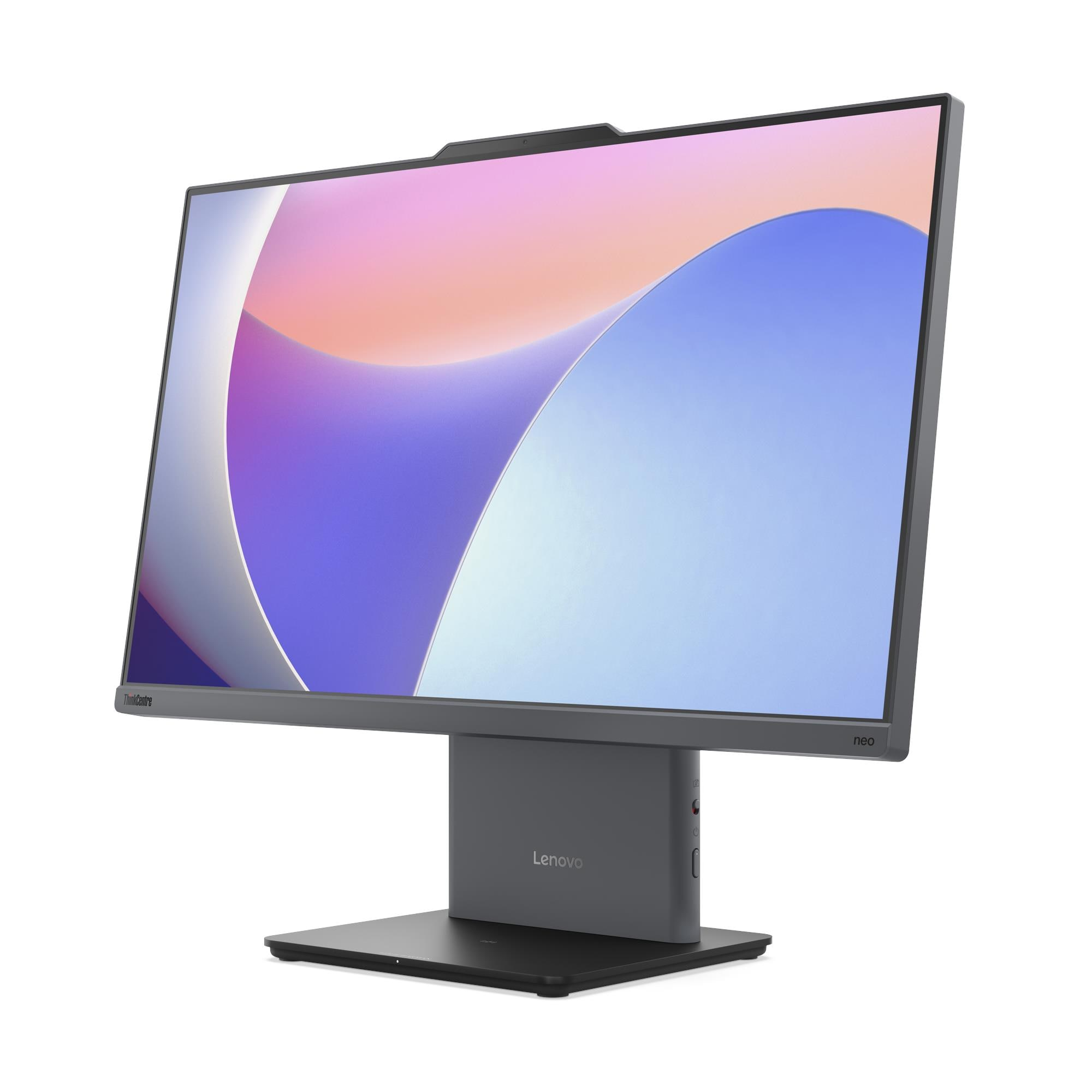 Un moderno monitor Lenovo grigio visualizza uno sfondo astratto colorato su sfondo bianco.