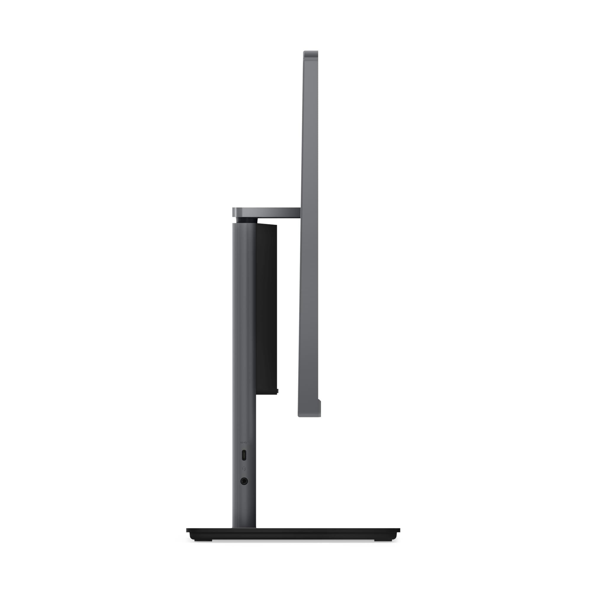 Supporto monitor grigio con schermo scuro e porte.