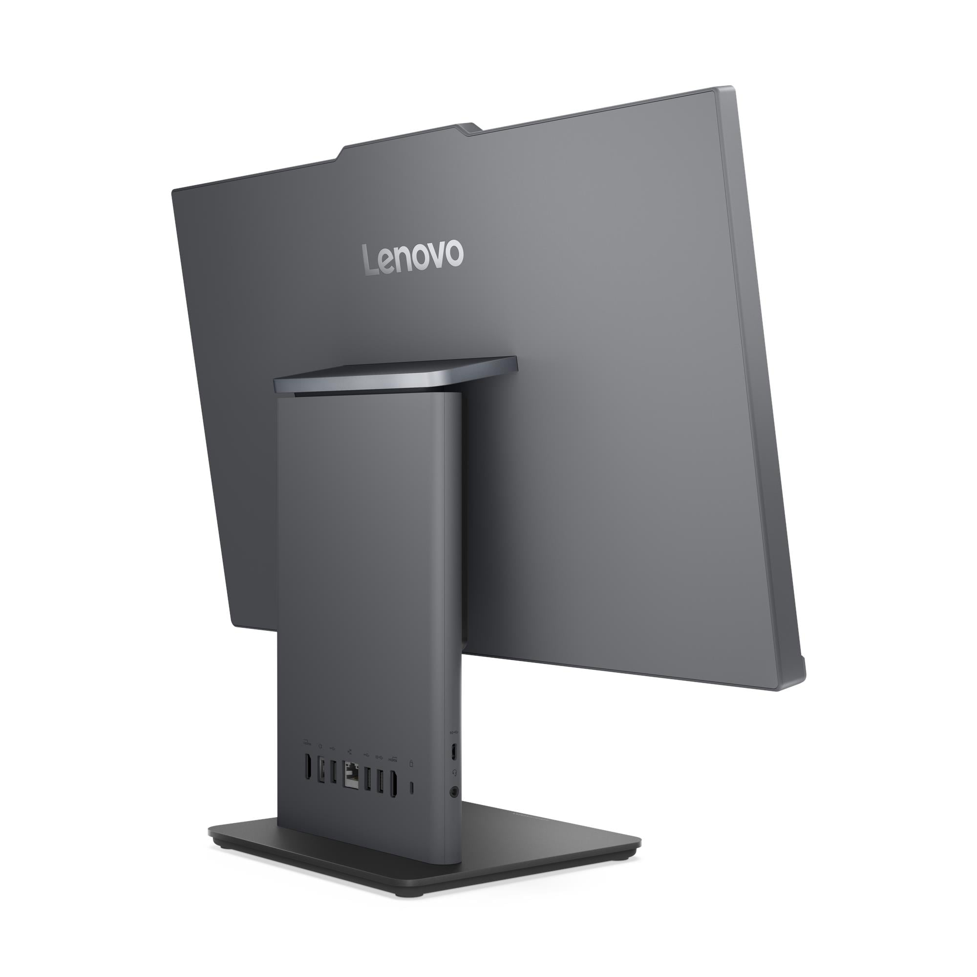 PC All-in-One Lenovo grigio con porte sul retro.