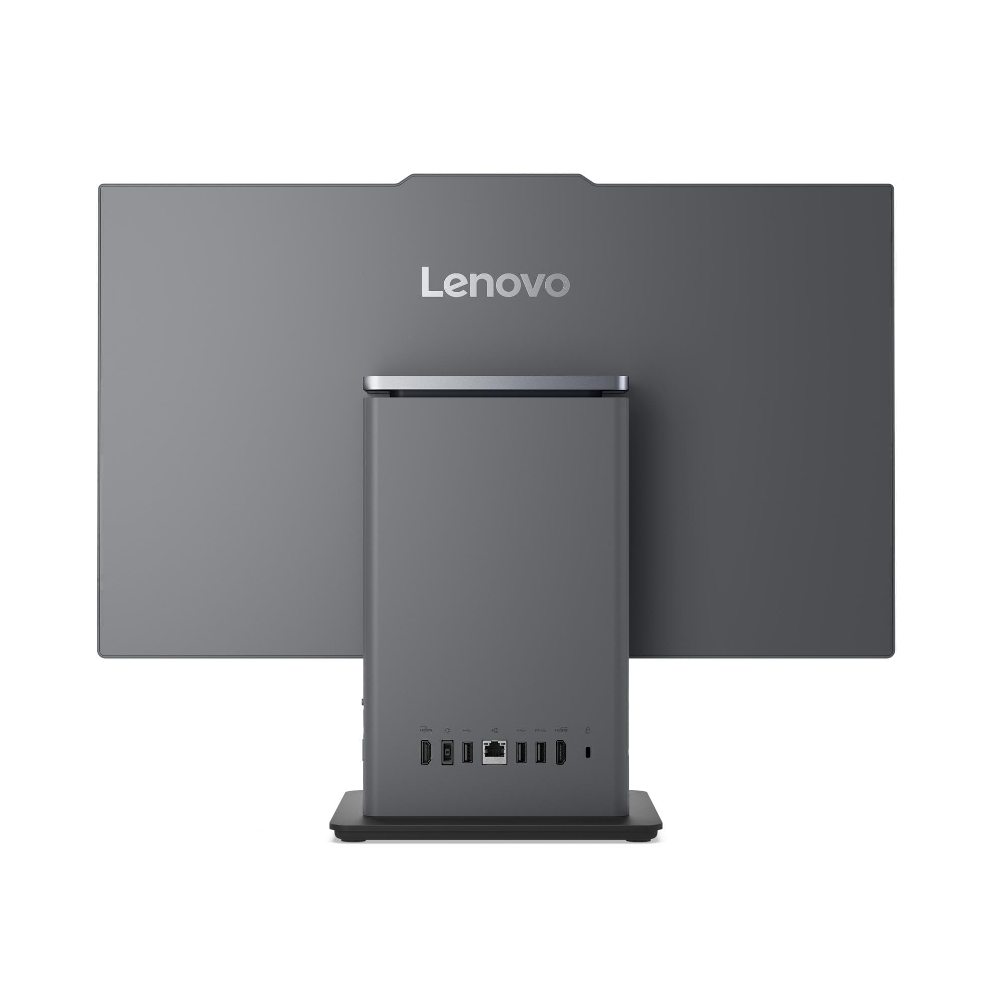 Vista posteriore di un computer all-in-one Lenovo grigio con porte.