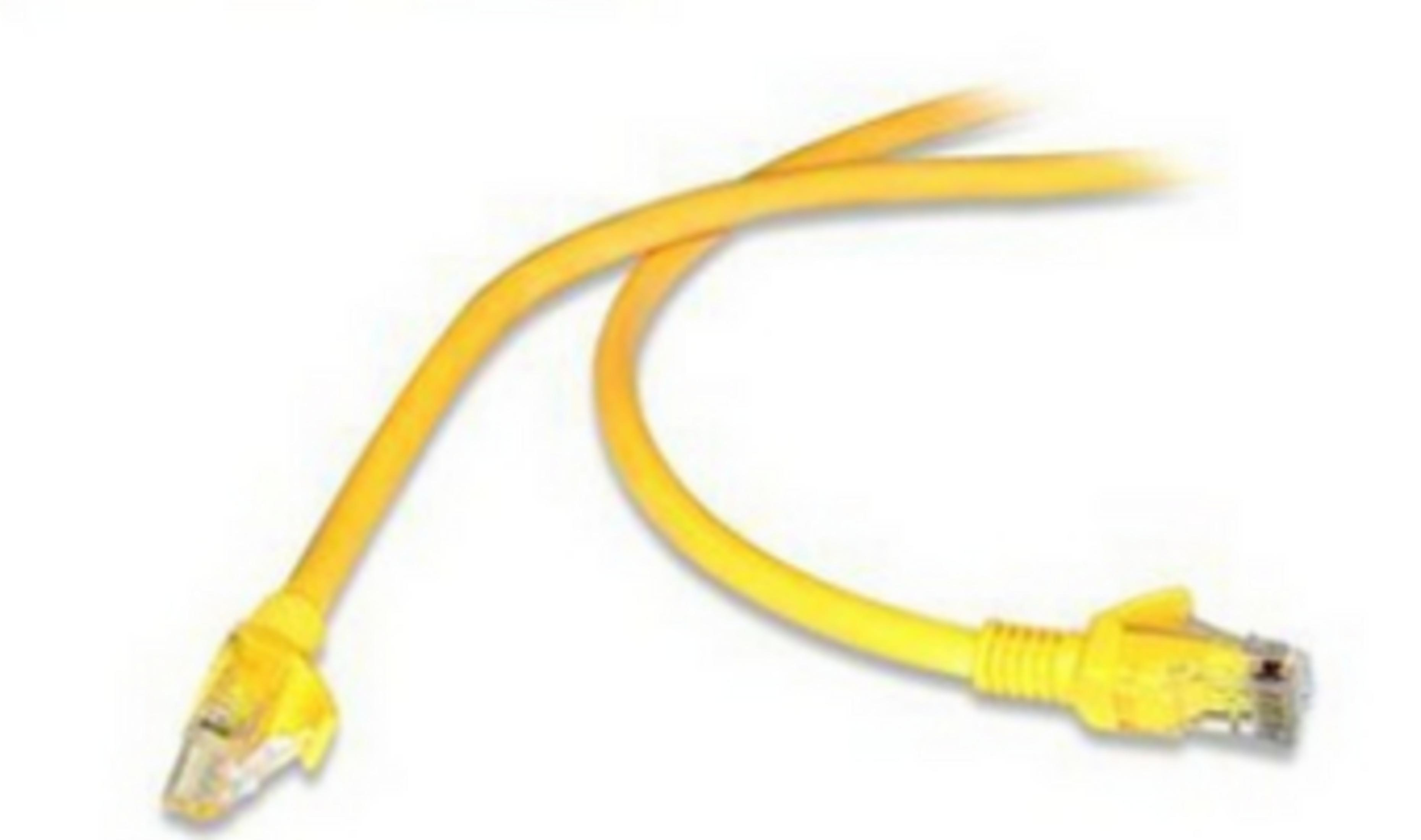 Żółty kabel Ethernet z dwoma złączami RJ45.