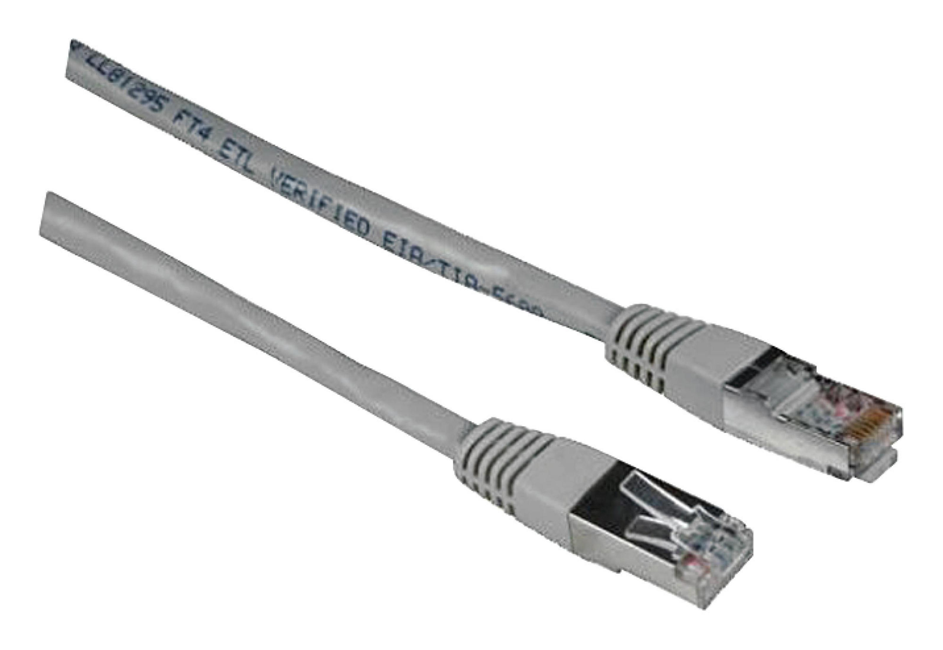 Deux câbles Ethernet gris avec des connecteurs RJ45 transparents sont présentés en diagonale sur un fond blanc.