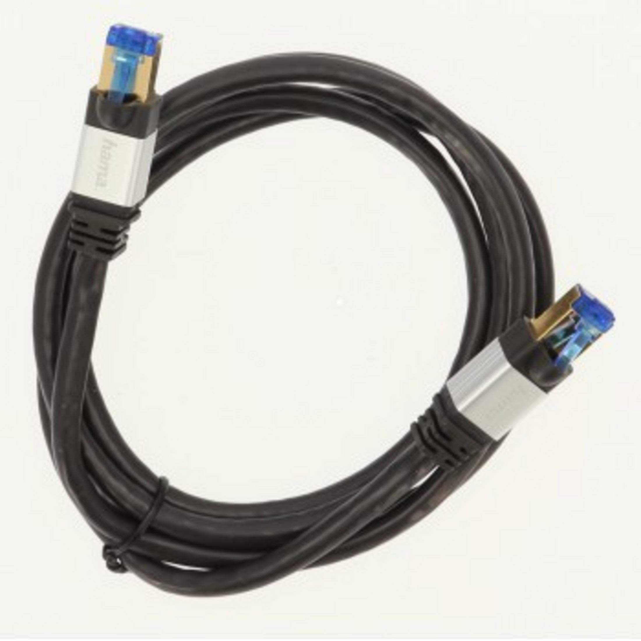Zwarte HDMI-kabel met zilveren connectoren en blauwe inzetstukken.