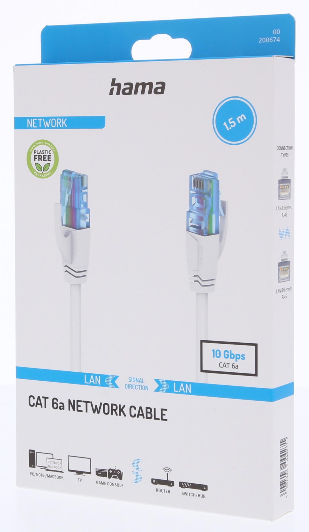 Cavo di rete Hama CAT 6a, 1,5m, bianco, con connettori RJ45.