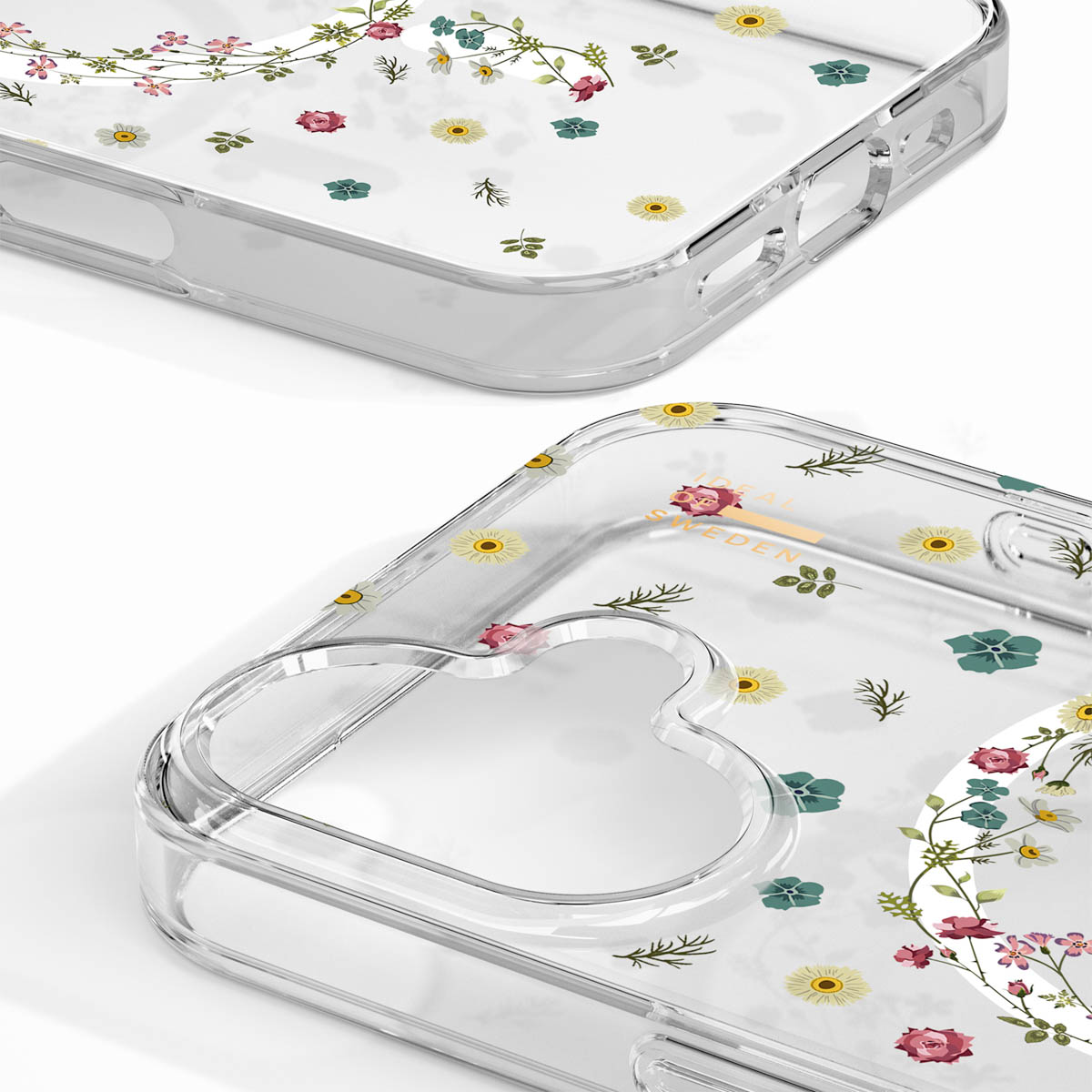 Transparente Handyhülle mit Blumenmuster und Rosen.