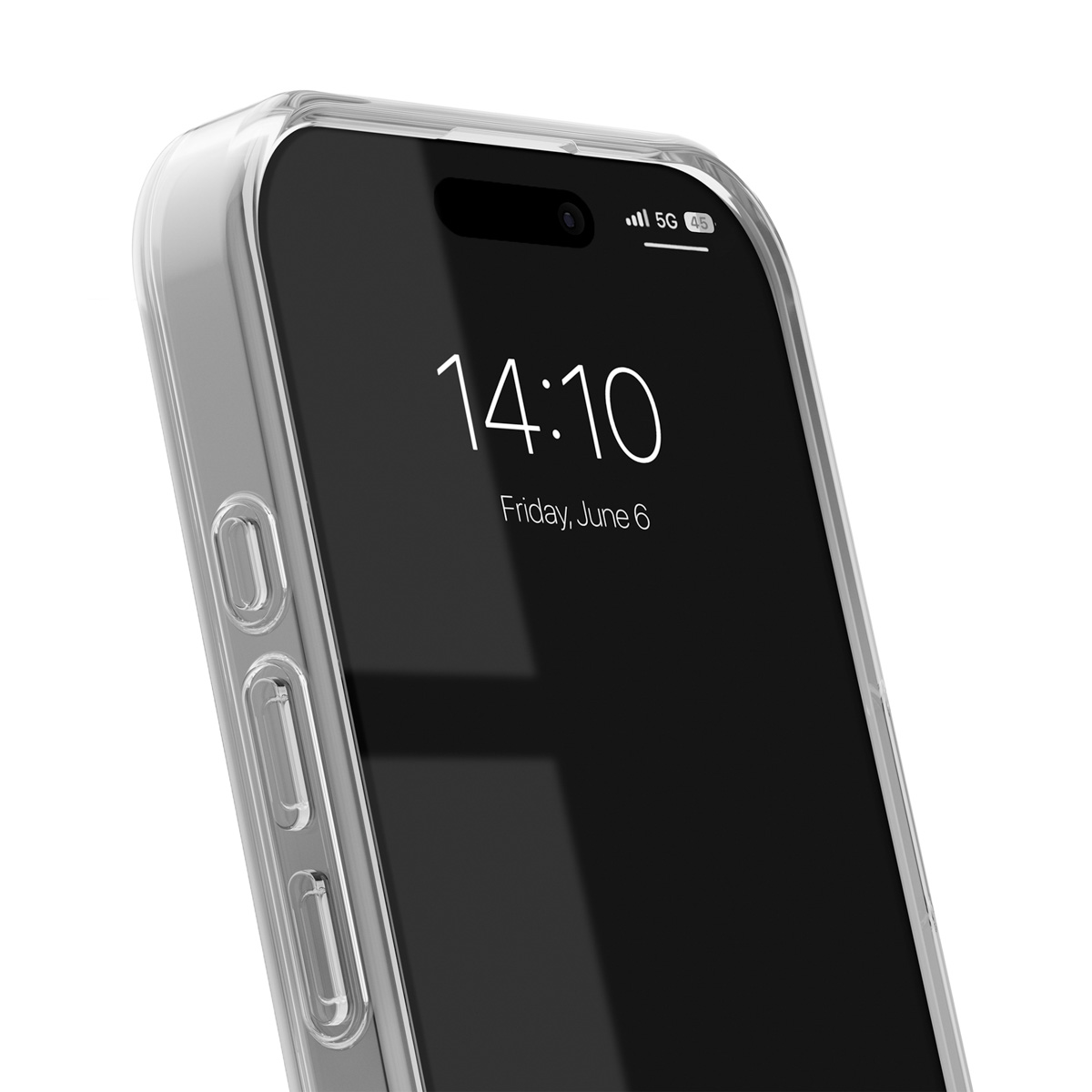 Transparente Hülle um ein iPhone mit gesperrtem Bildschirm, 14:10.