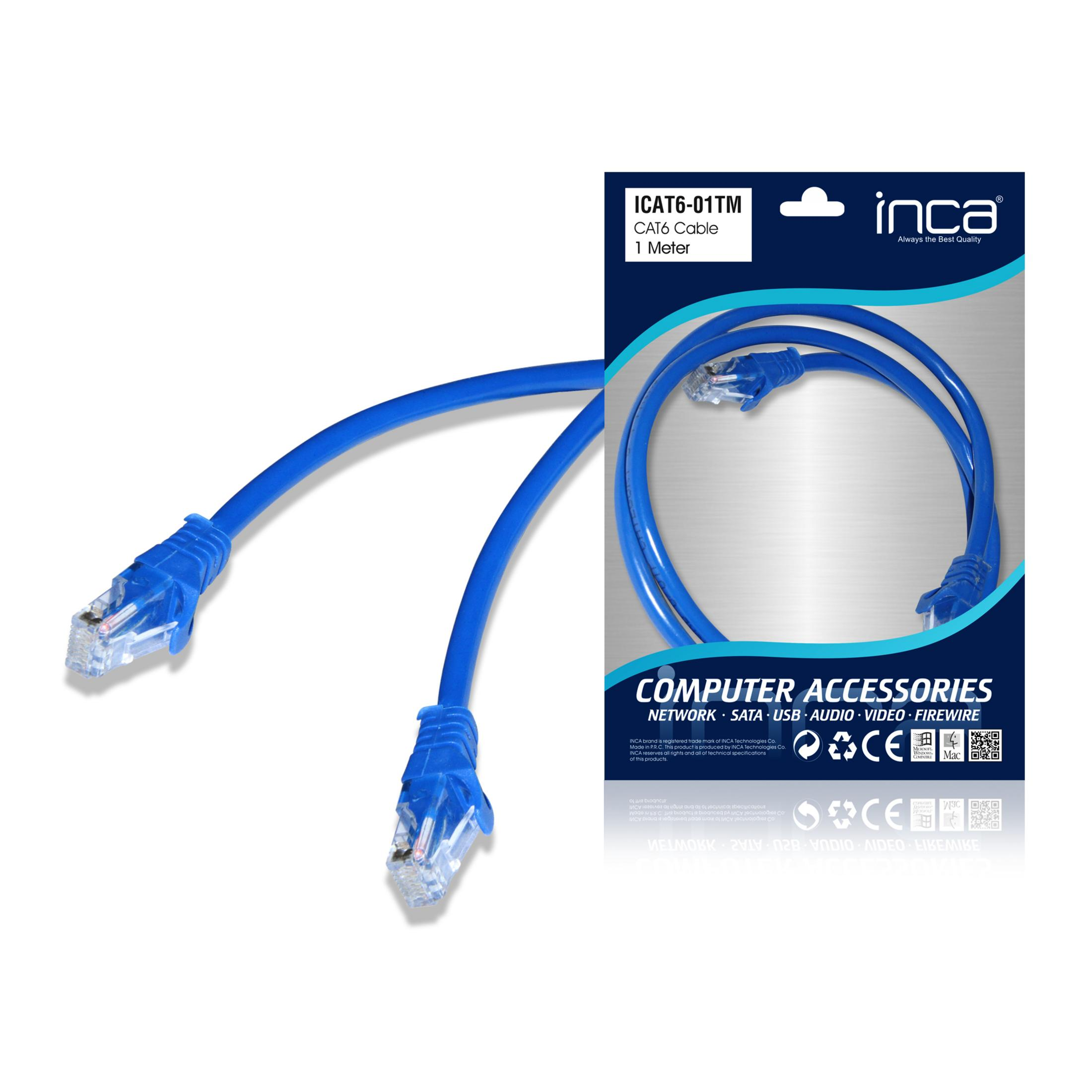 Niebieski kabel sieciowy CAT6 z dwoma złączami RJ45, w opakowaniu.