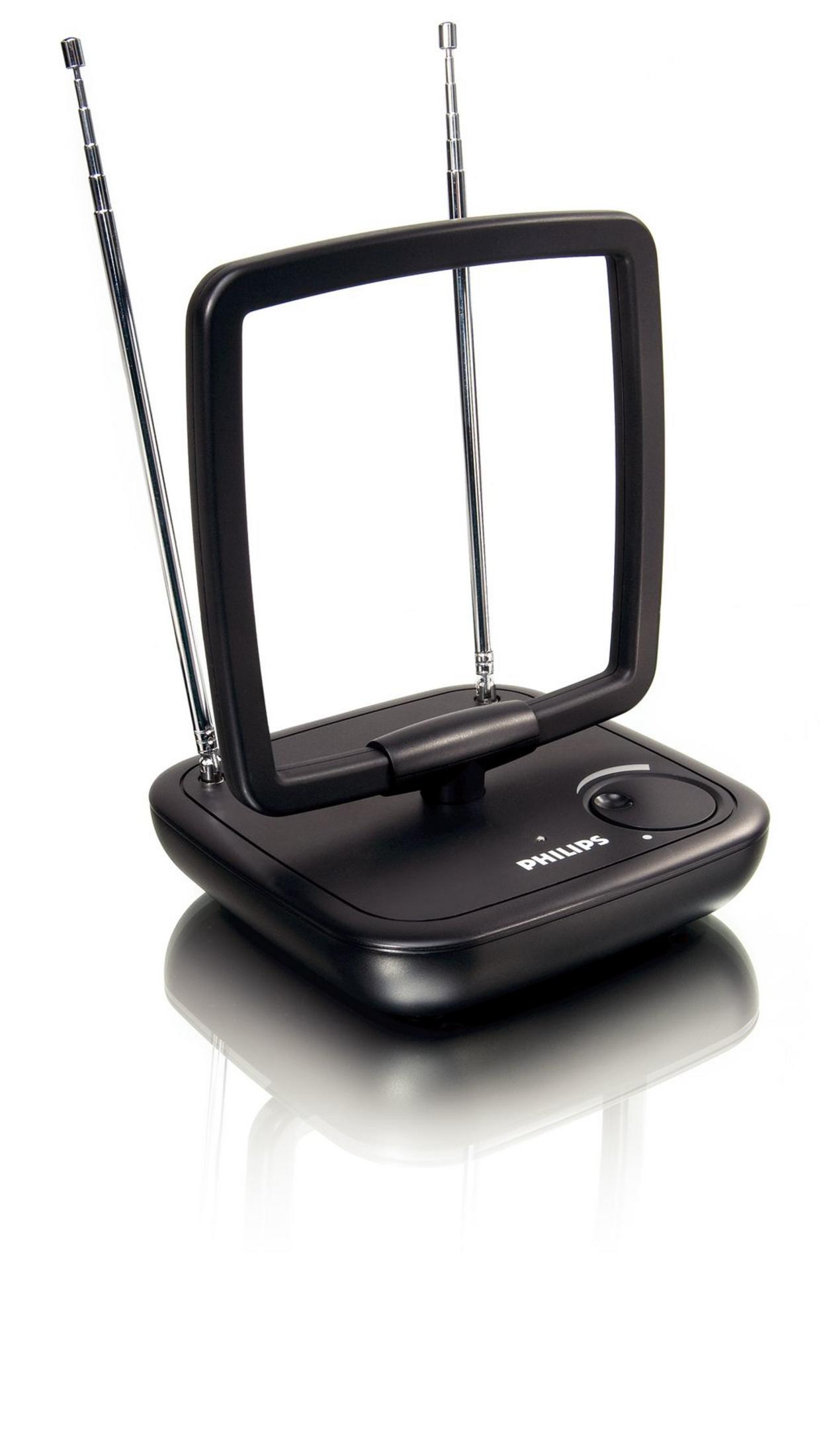 Amplificador de antena de TV Philips negro con dos antenas telescópicas sobre fondo blanco.