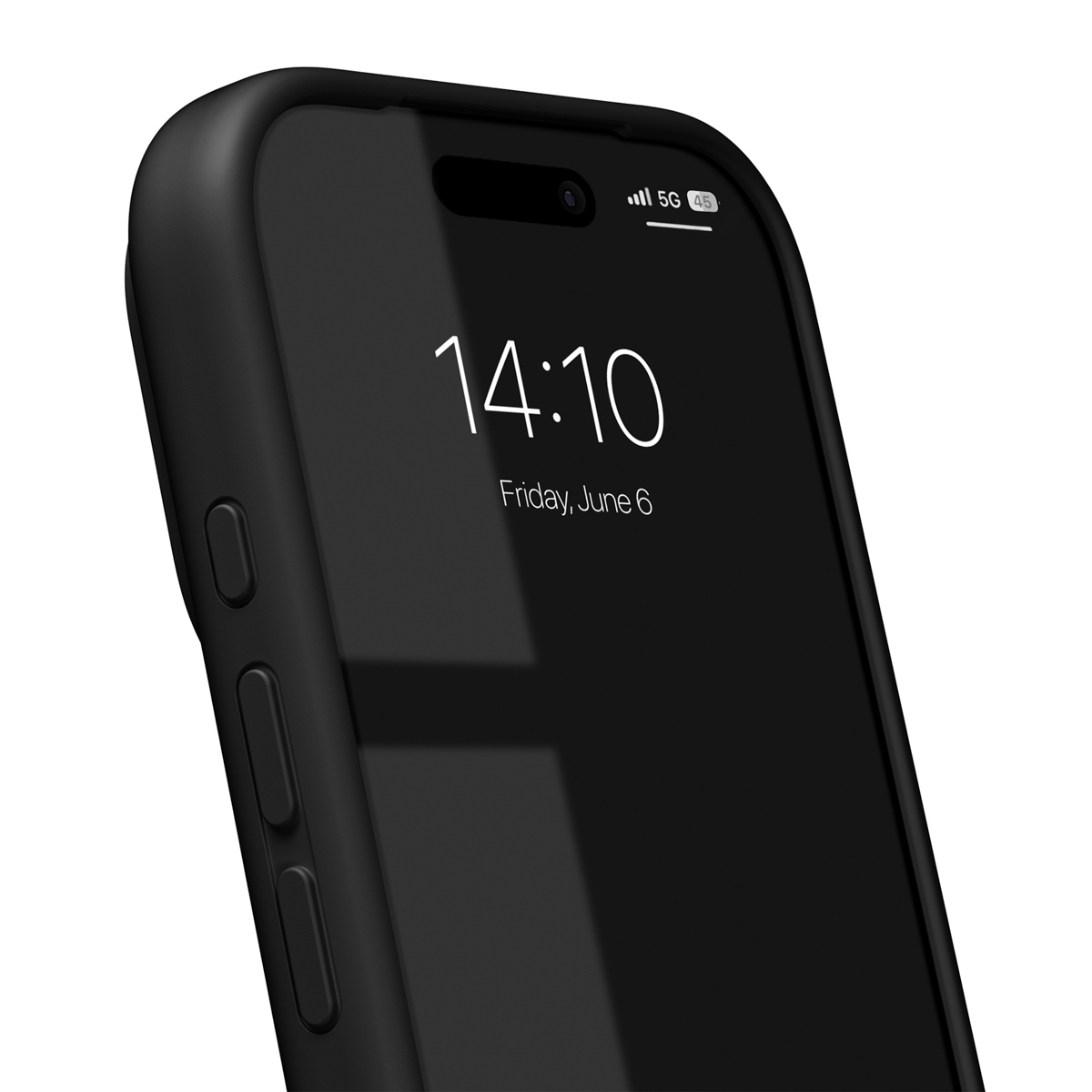 Nahaufnahme einer schwarzen iPhone-Hülle mit Uhrzeit 14:10.