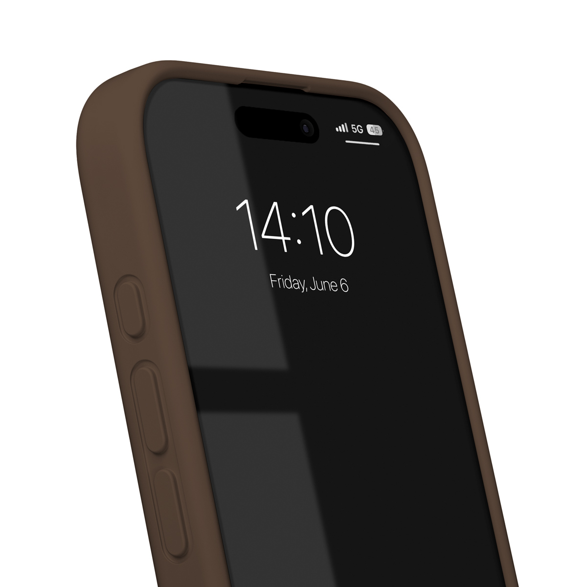 Ein braunes iPhone-Gehäuse mit einem dunklen Bildschirm, der 14:10 anzeigt.