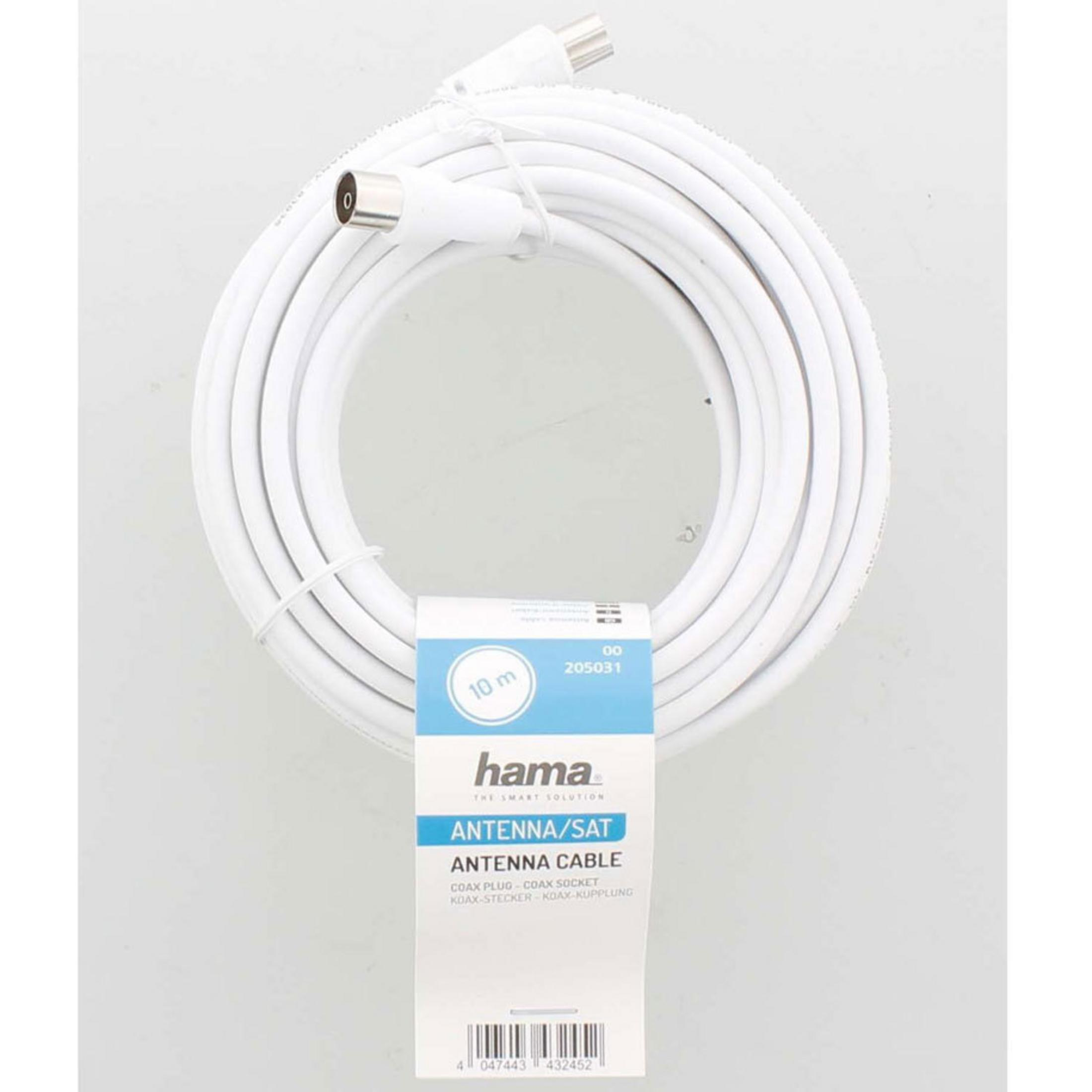 Un cavo d'antenna Hama bianco, lungo 10 m, con connettori coassiali.
