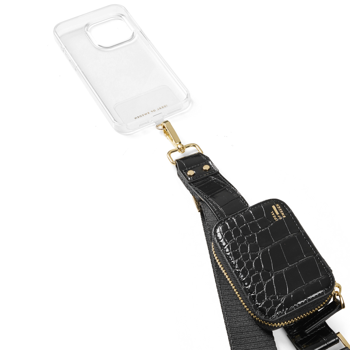 Transparente Handyhülle mit schwarzem Croco-Leder-Gurt und Tasche.
