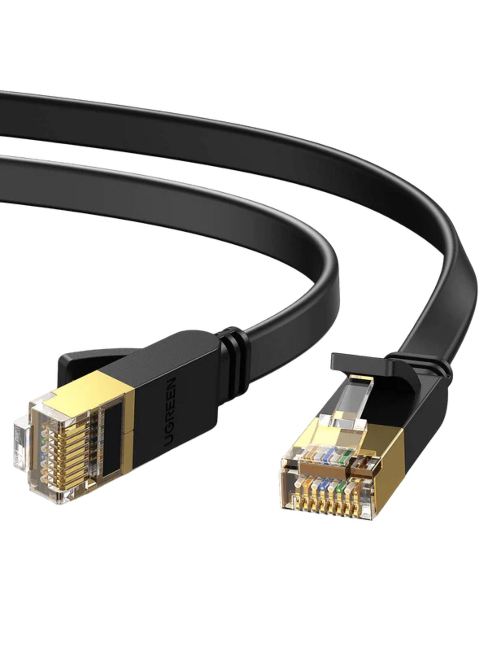 Cavo piatto nero con connettori RJ45 dorati, logo UGREEN.