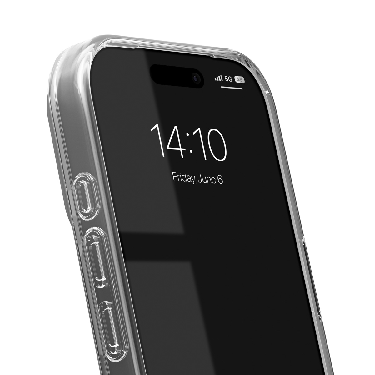 Nahaufnahme einer transparenten Handyhülle auf einem Smartphone, Uhrzeit 14:10.