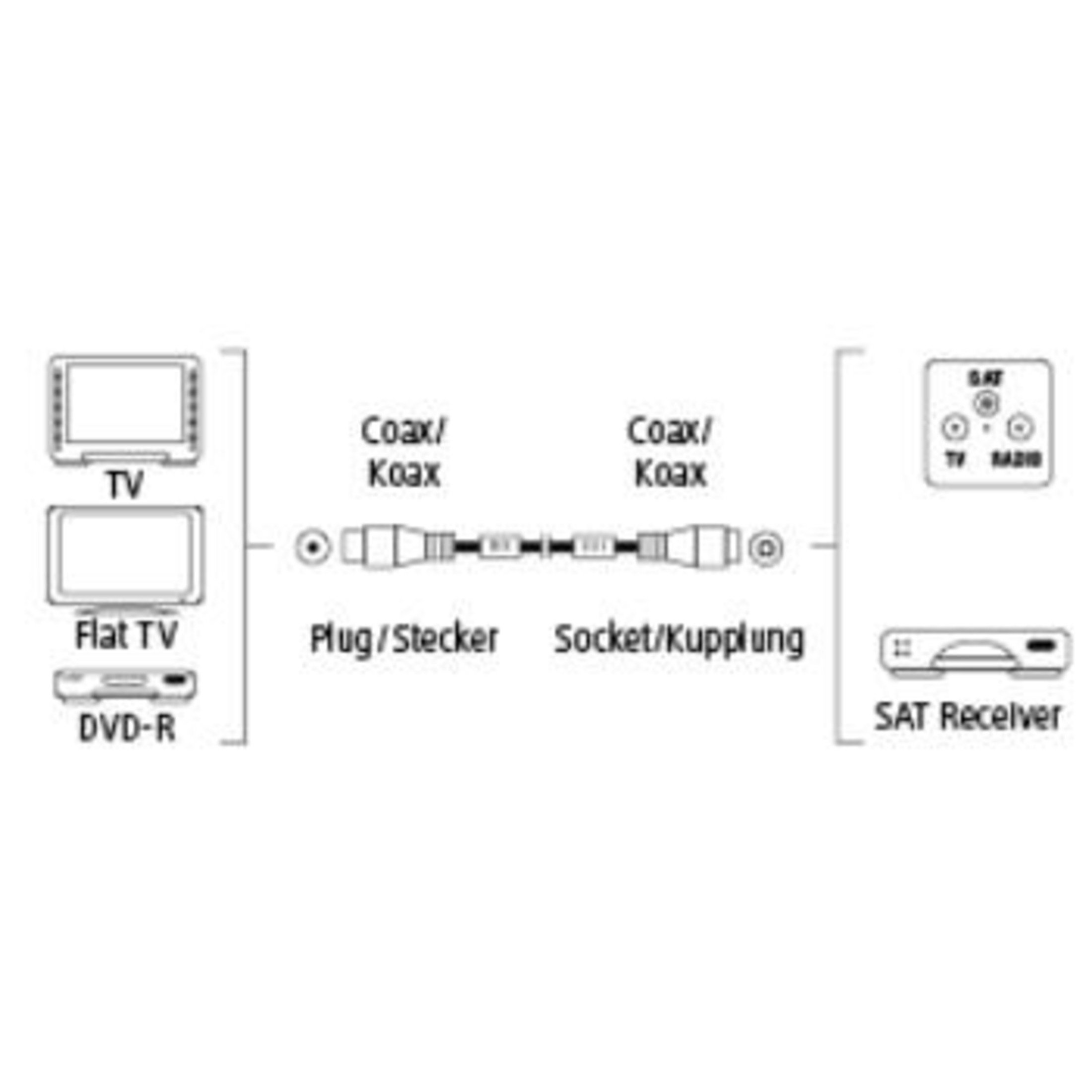 Schema: TV, Flat TV, DVD-R verbunden mit SAT Receiver über Koaxialkabel.