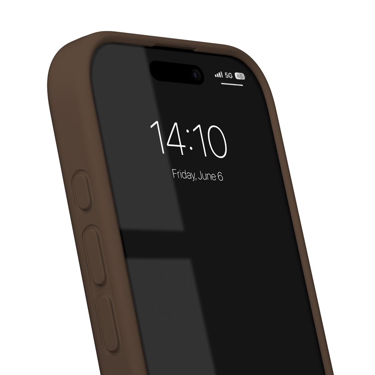 Braun Hülle am Smartphone mit 14:10 Uhr und Datum.