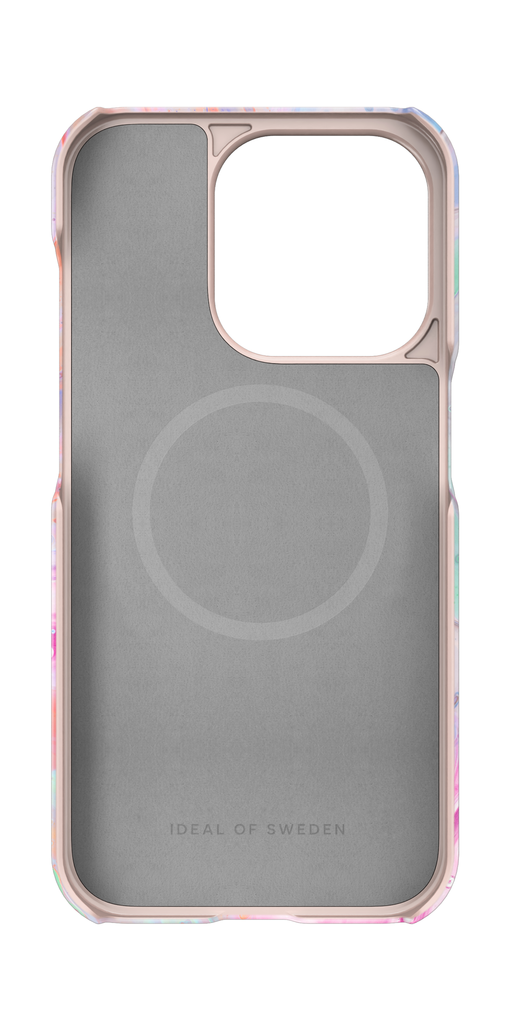 Rückseite einer iPhone-Hülle mit Marmormuster und MagSafe-Kreis.