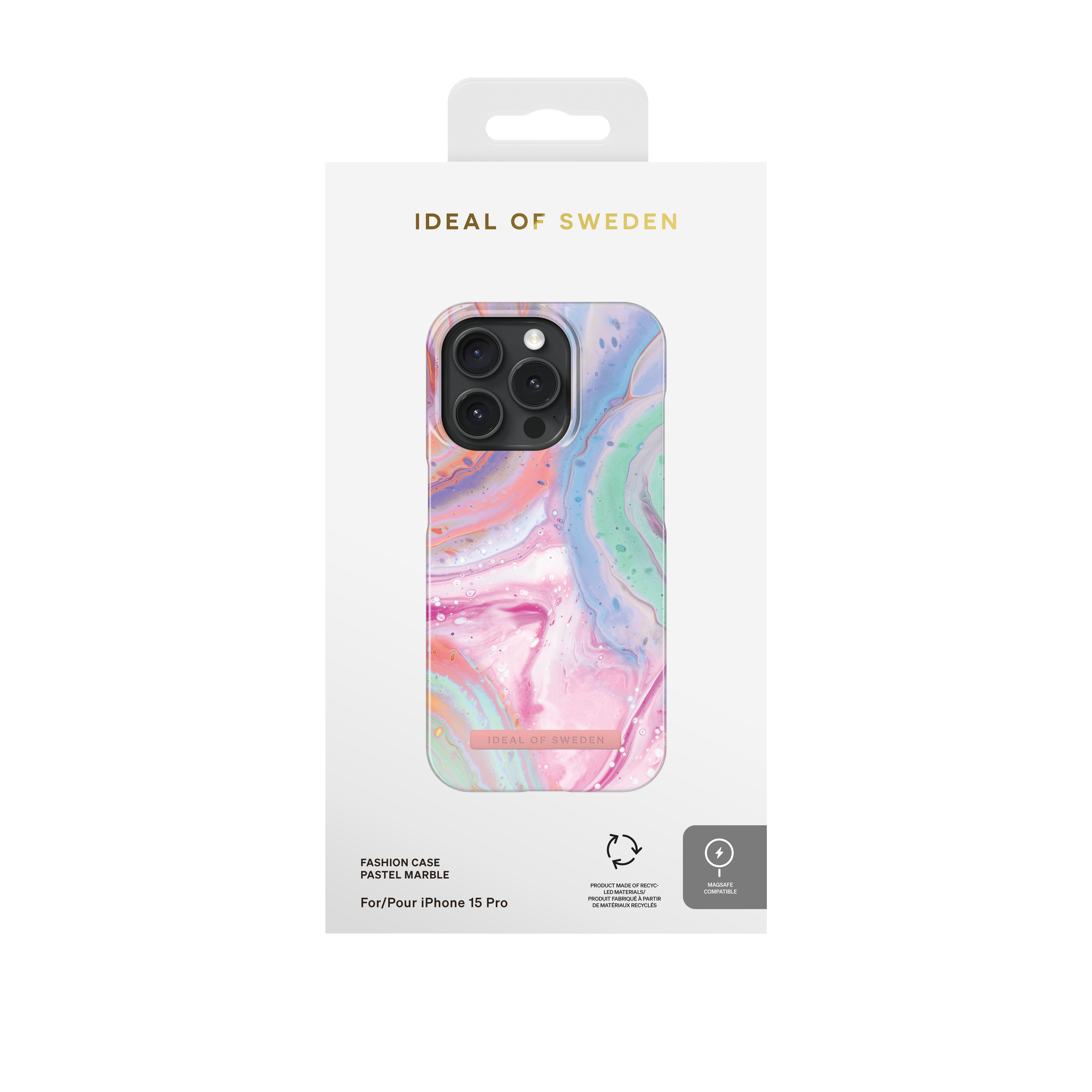 Verpackung für eine iPhone 15 Pro Hülle mit Marmormuster in Pastellfarben.