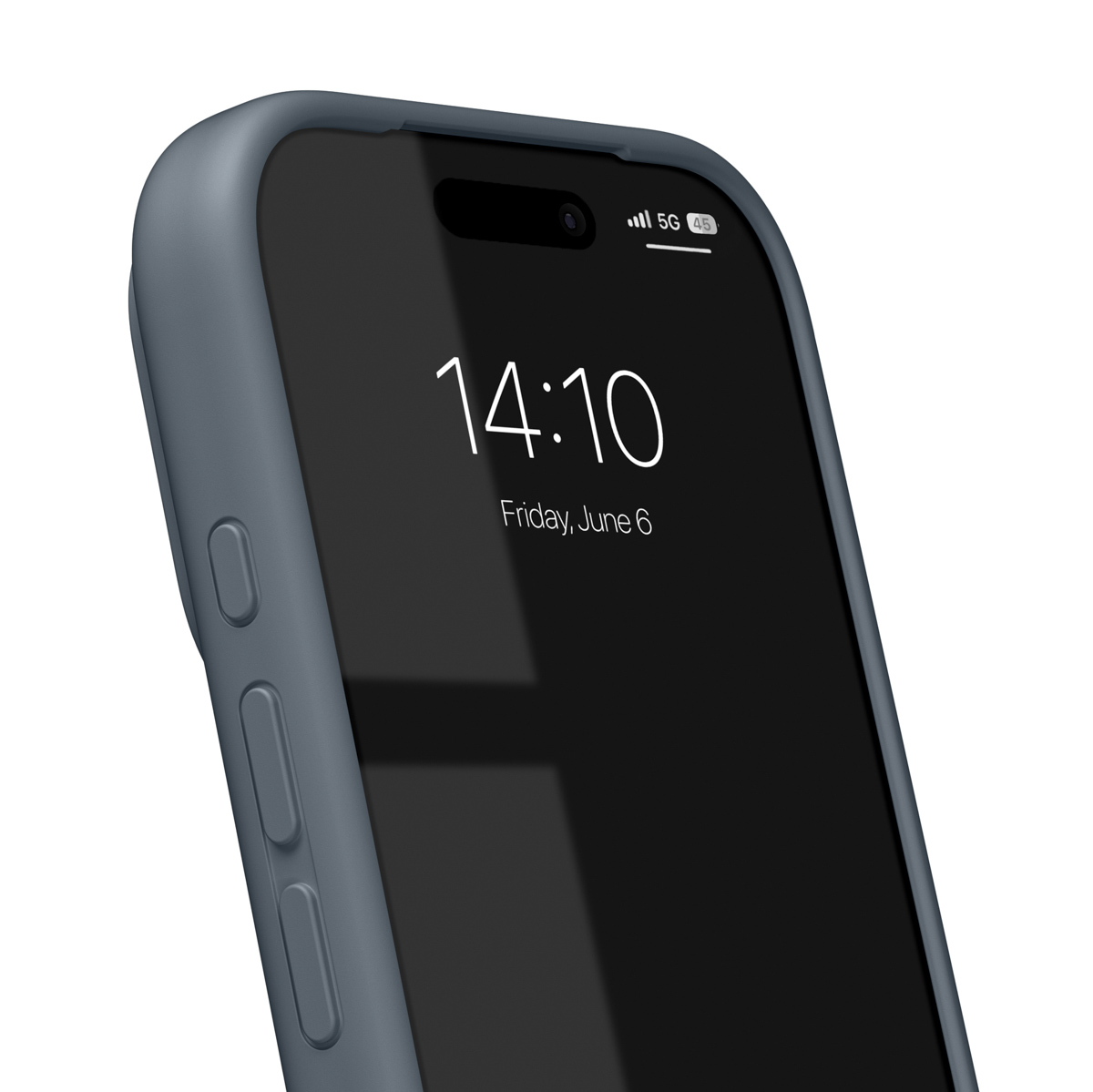 Ein graues Handy mit einem dunklen Bildschirm, auf dem 14:10 steht.