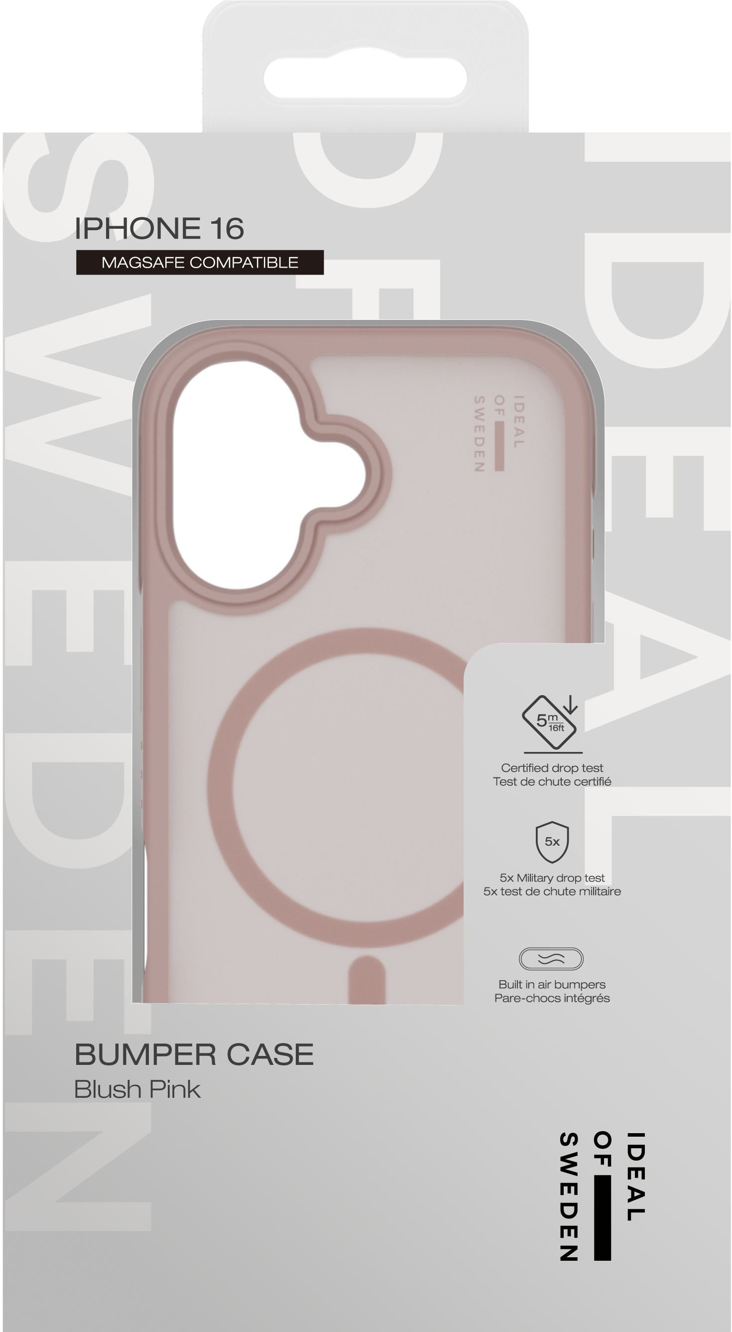 Verpackung für ein iPhone 16 MagSafe-kompatibles Stoßfängergehäuse in Blush Pink.
