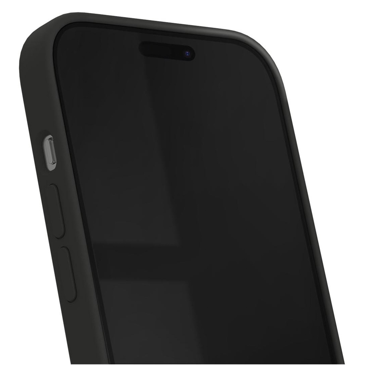 Nahaufnahme eines schwarzen Smartphones mit seitlichen Tasten und einem Display.