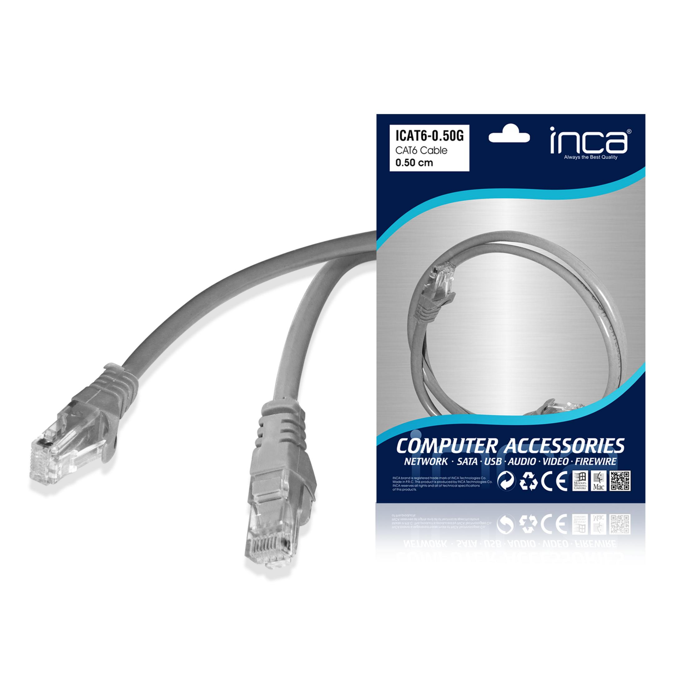 Câble réseau CAT6 gris, 0,50m de long, avec connecteurs RJ45.