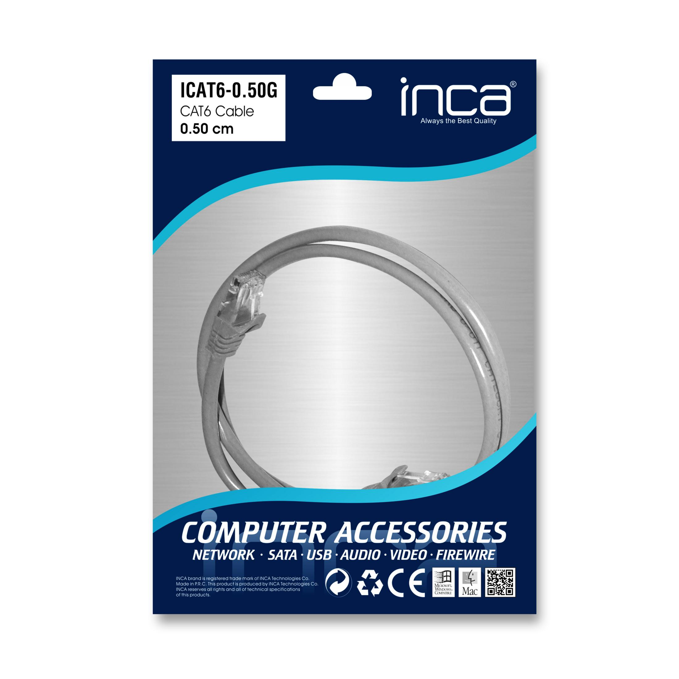 Un câble réseau CAT6 gris avec connecteurs RJ45, emballé dans un manchon bleu et blanc.