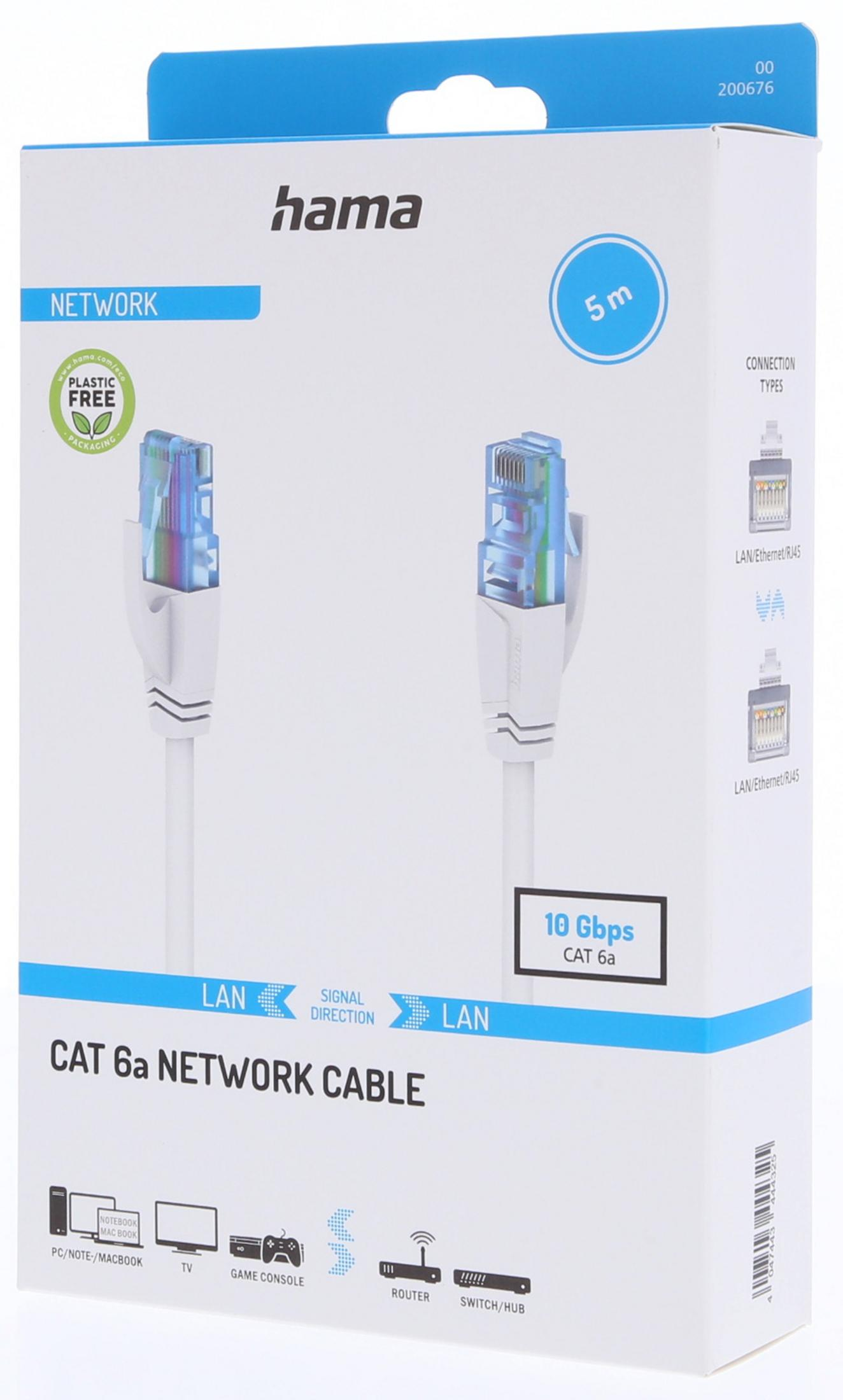 Kabel sieciowy Hama CAT 6a, biały, 5m, 10 Gbps, złącza RJ45.