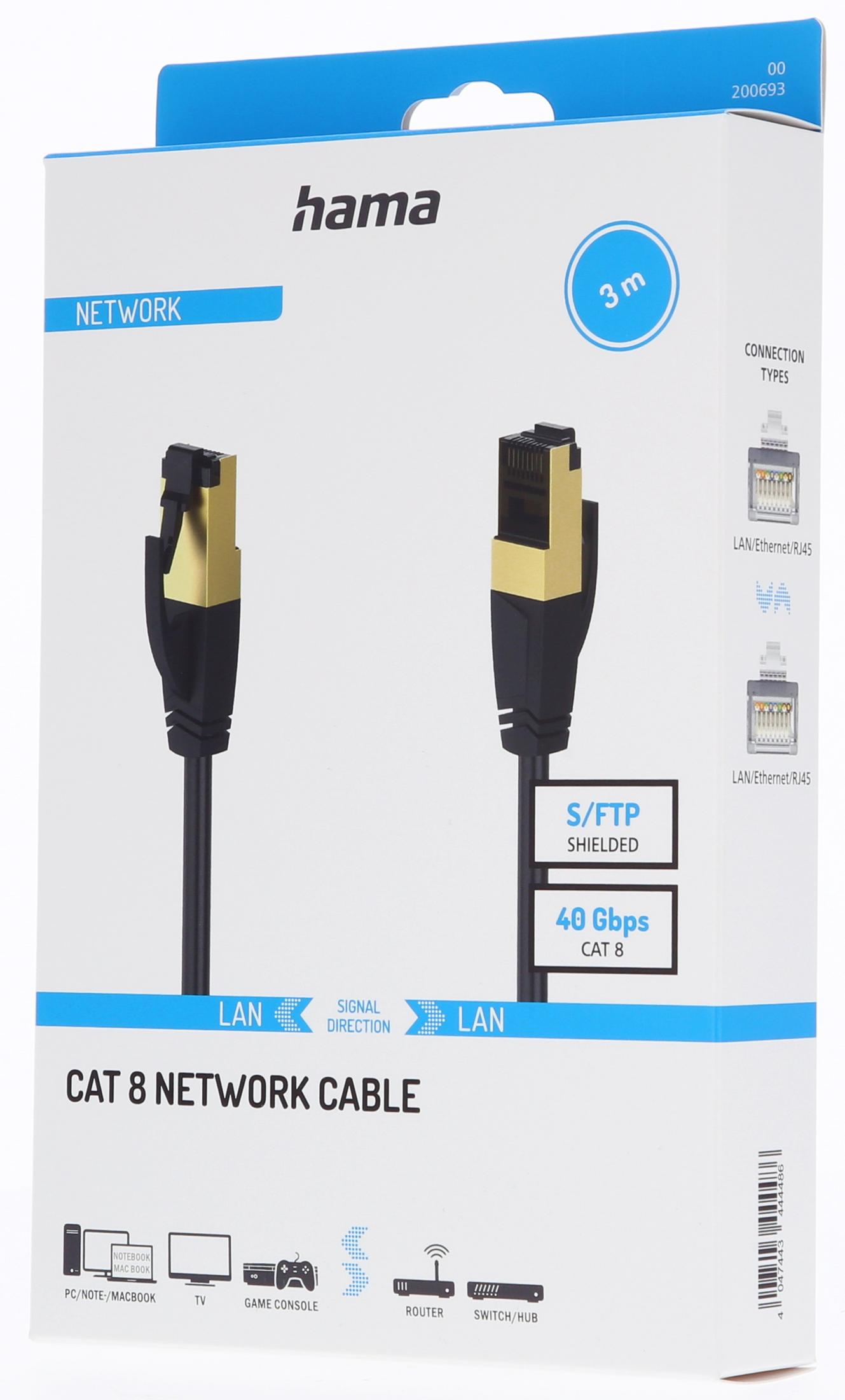 Hama Cat 8 network cable, 3m, S/FTP, 40 Gbps, with RJ45 connectors.