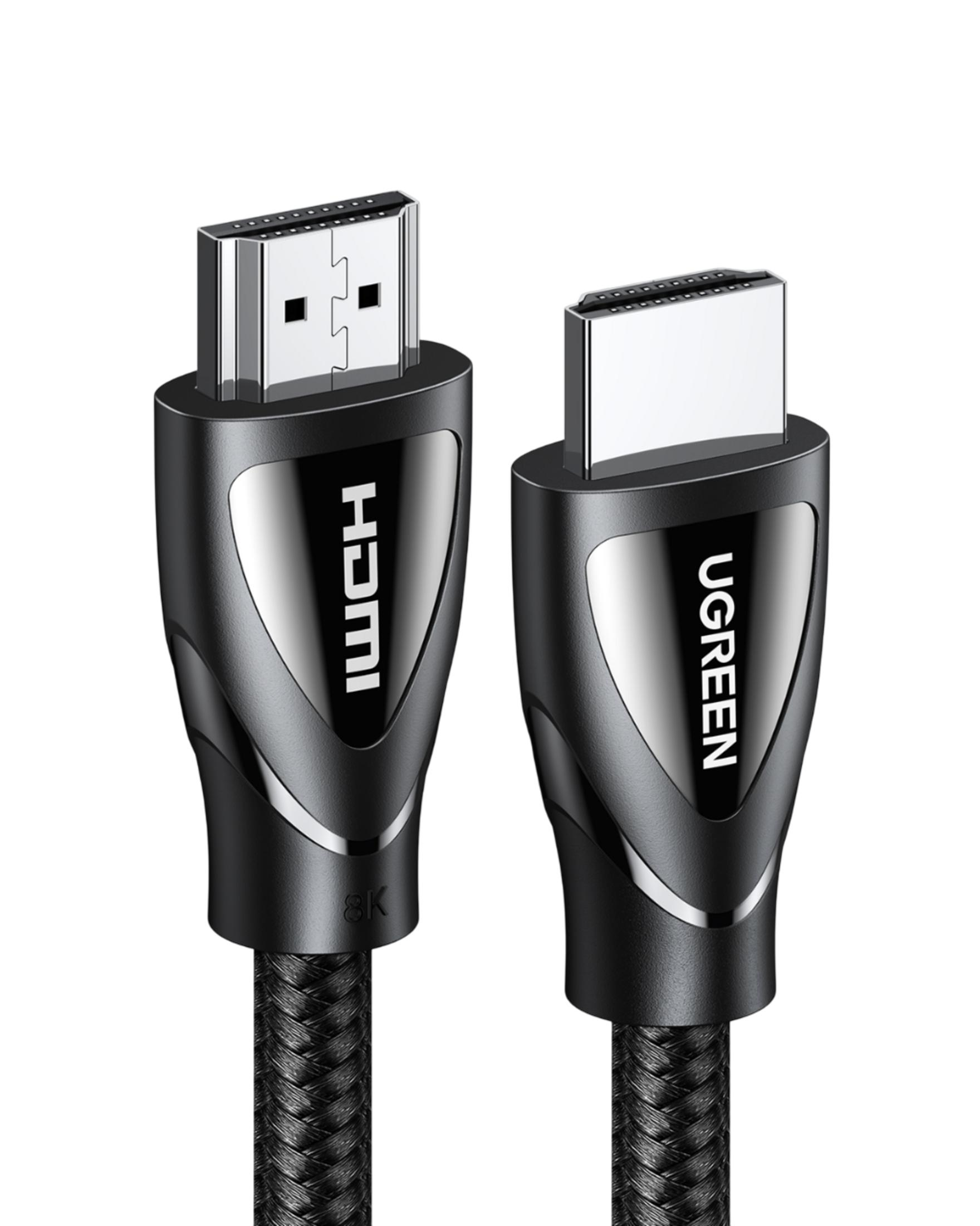 Dwa czarne kable HDMI z logo HDMI i UGREEN. 8K.