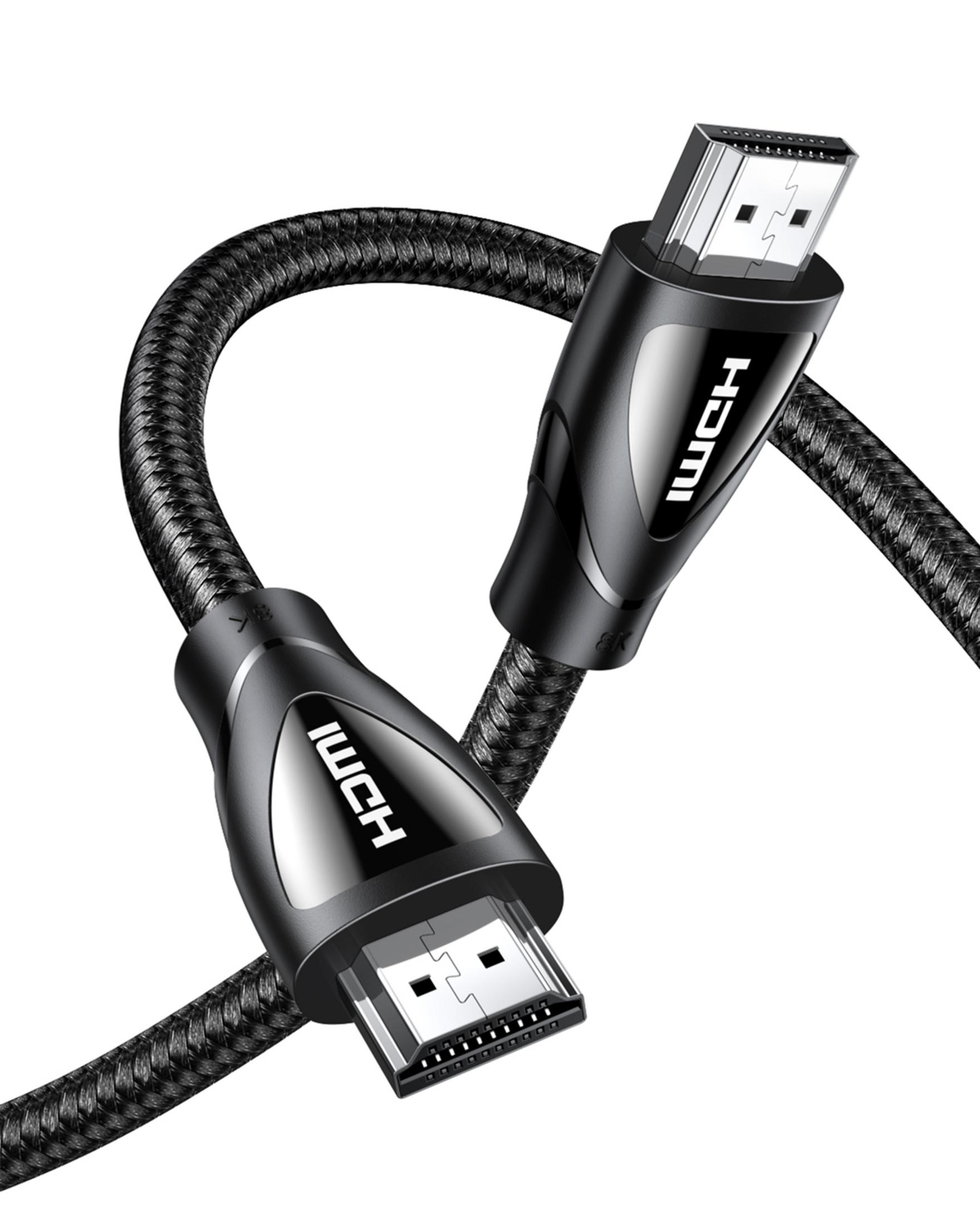 Czarny kabel HDMI z obsługą 8K na białym tle.