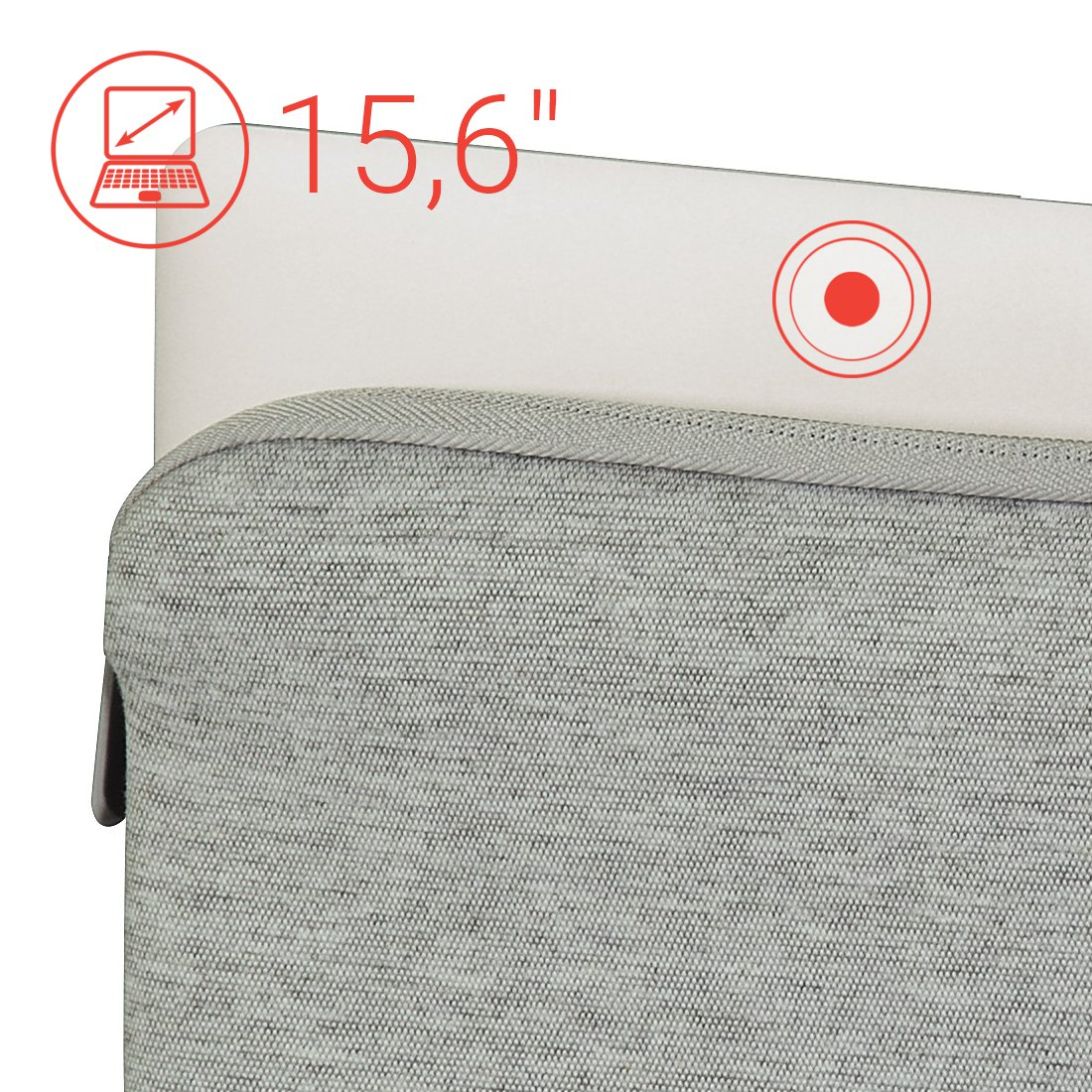 Szara torba na laptopa z wyświetlaczem 15,6 cala i ikonami.