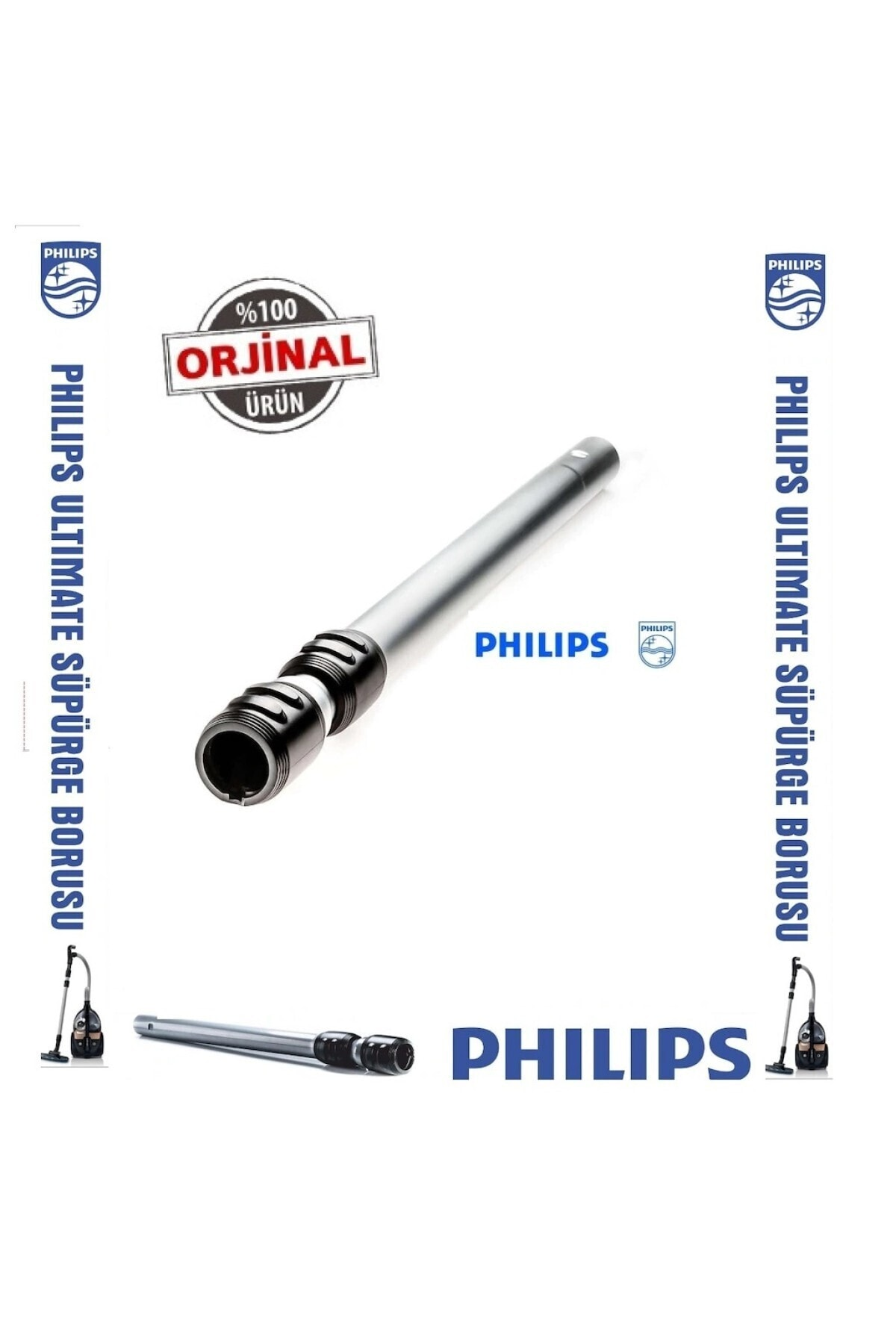 Gümüş Philips elektrik süpürgesi borusu, siyah saplı, beyaz arka plan.