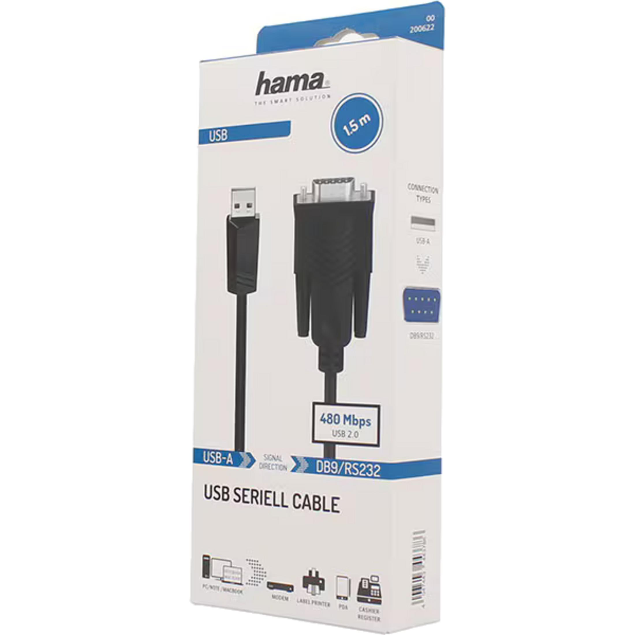 Cable serie USB Hama, 1.5m, con conectores USB-A y DB9/RS232.