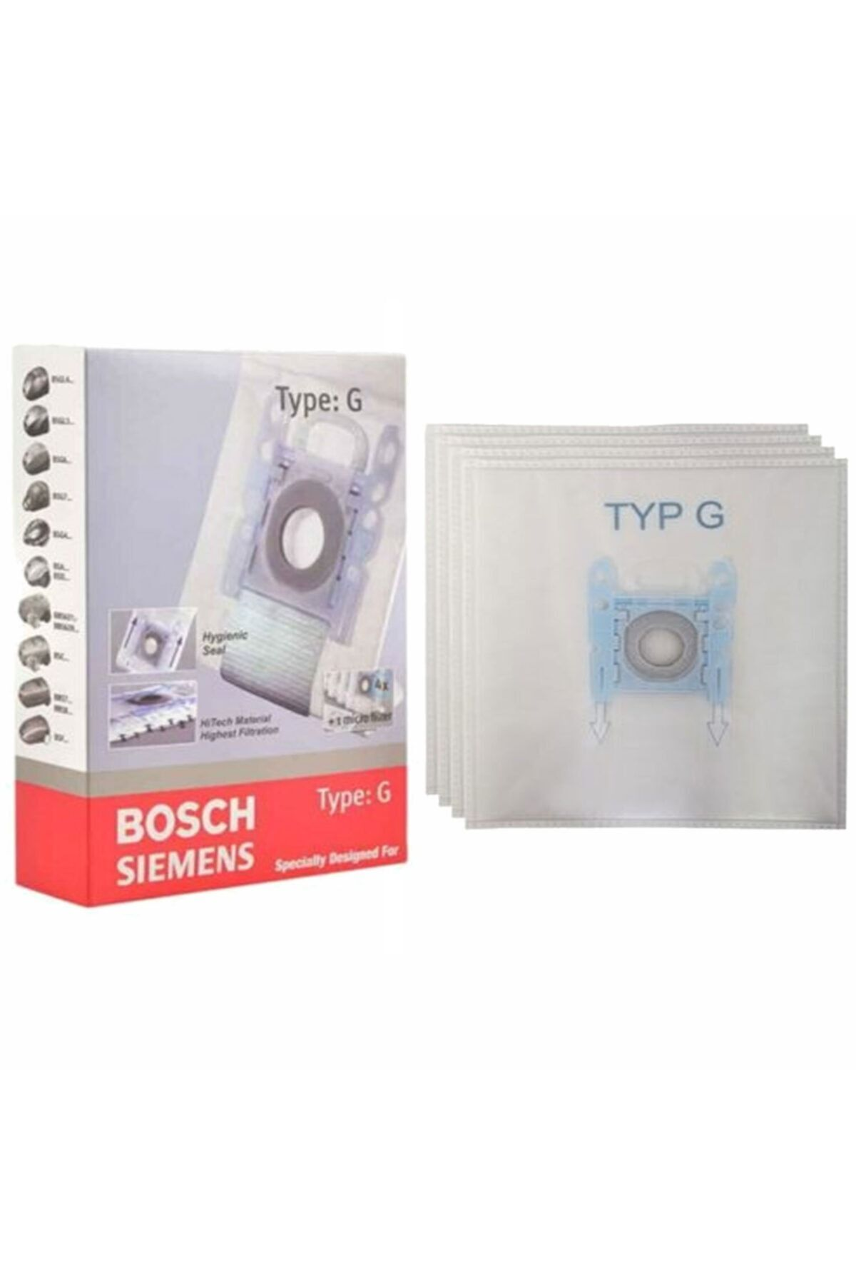 Bosch ve Siemens Tip G elektrikli süpürge torbaları ambalajda ve tek tek.