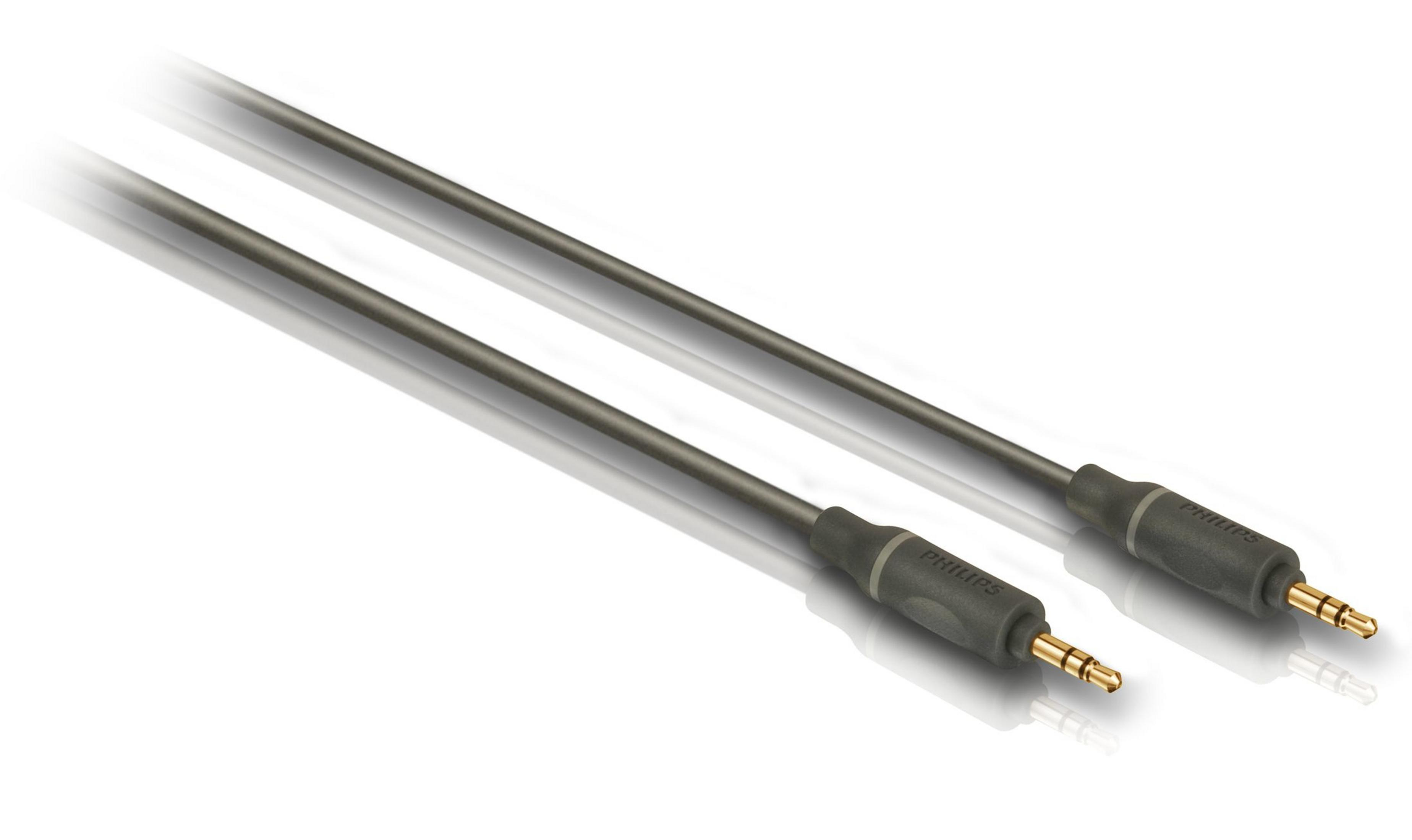 Two gray audio cables with gold 3.5mm plugs and Philips logo.