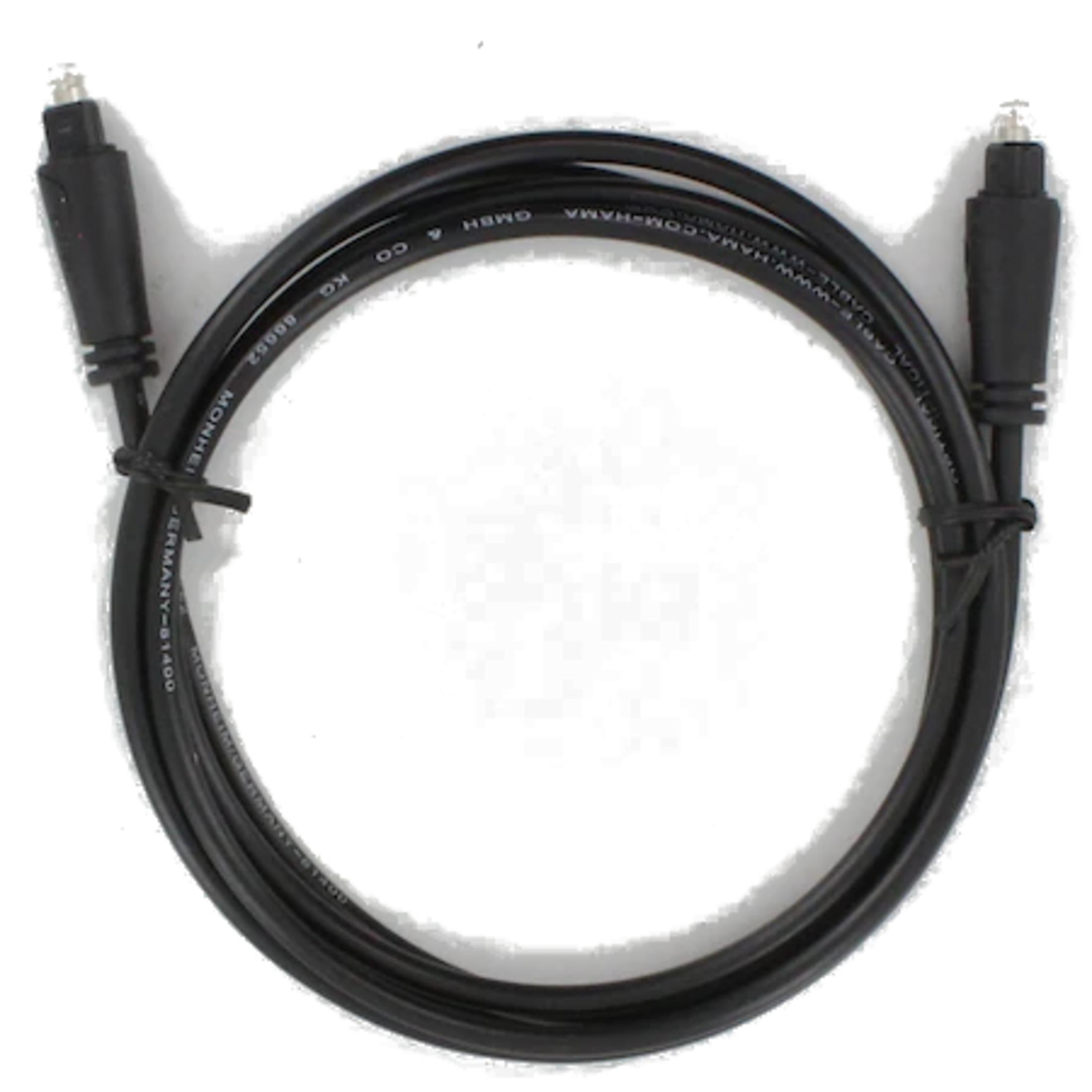 Un cavo audio ottico nero con connettori Toslink su entrambe le estremità è mostrato su sfondo bianco.