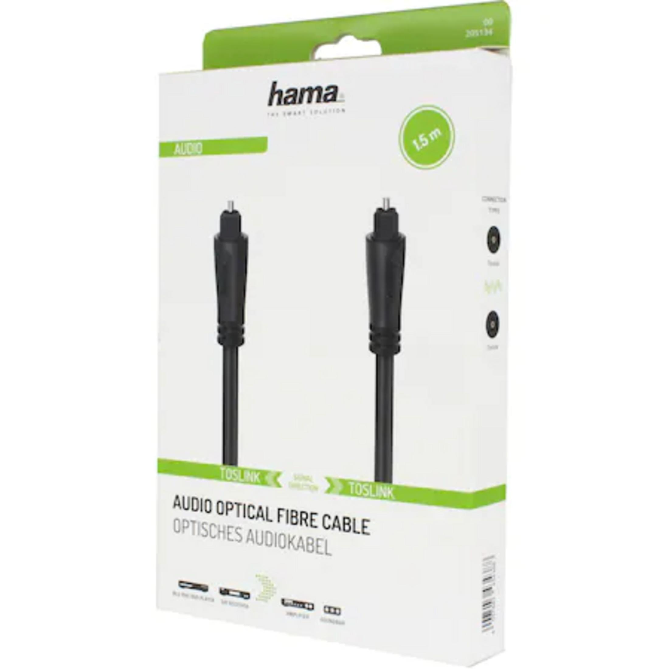 Scatola di un cavo audio Hama Toslink da 1,5 m con connettori neri.