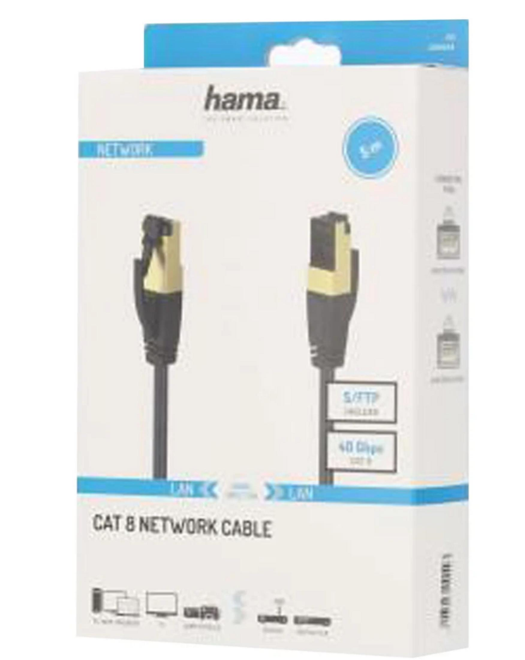 Pudełko kabla sieciowego Hama Cat 8 ze złotymi złączami.