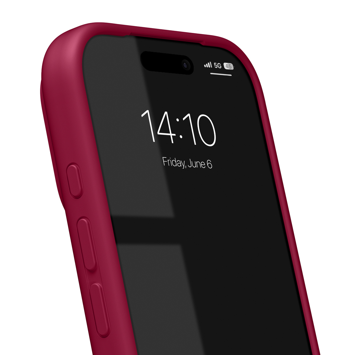 Ein rotes iPhone-Gehäuse mit einem dunklen Bildschirm, der 14:10 anzeigt.