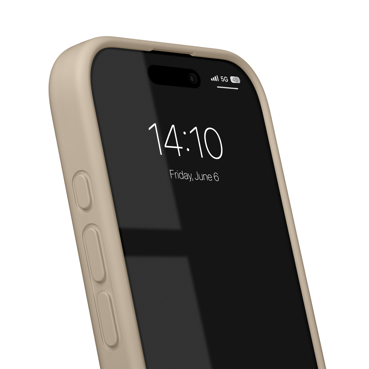 Eine Nahaufnahme eines beige iPhone-Gehäuses mit seinem schwarzen Bildschirm, der 14:10 anzeigt.