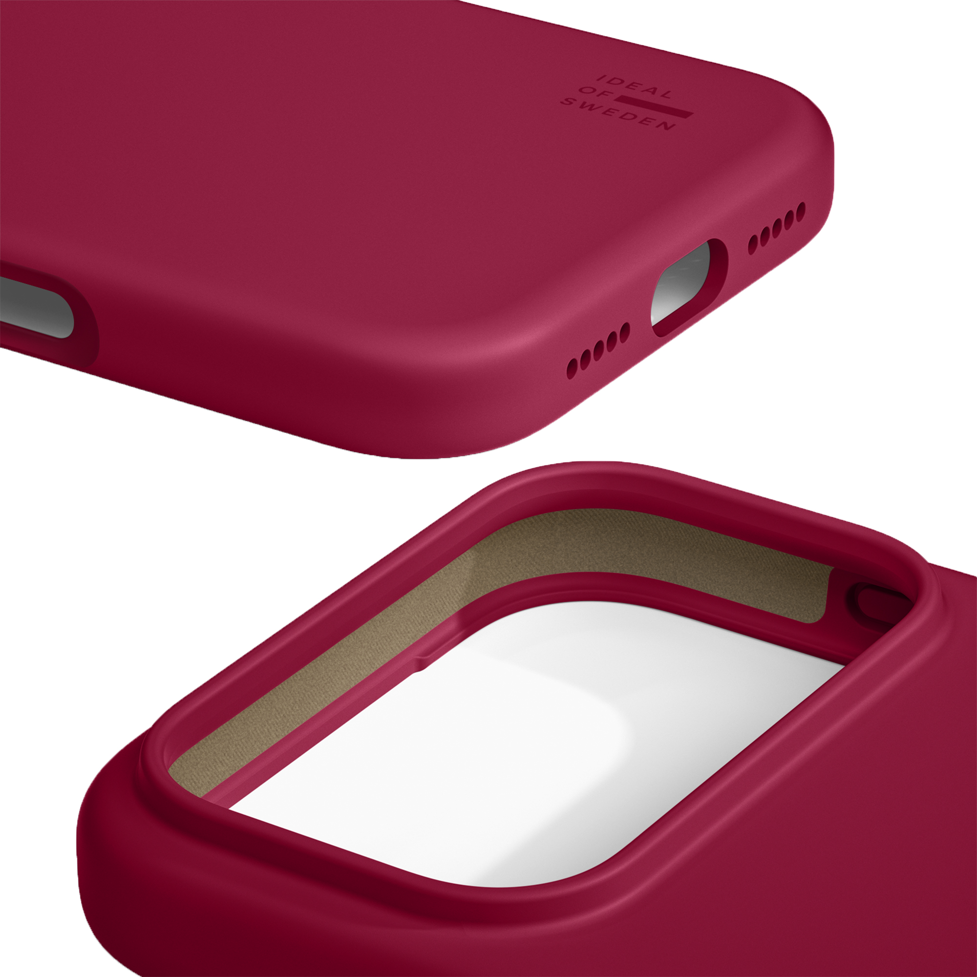 Ein rotes Handycover mit Logos und Aussparungen für Anschlüsse.