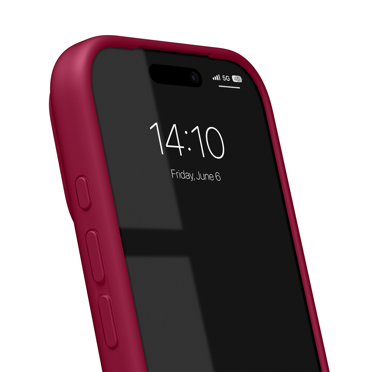 Ein rotes iPhone im Querformat mit Uhrzeit 14:10 auf dem Sperrbildschirm.