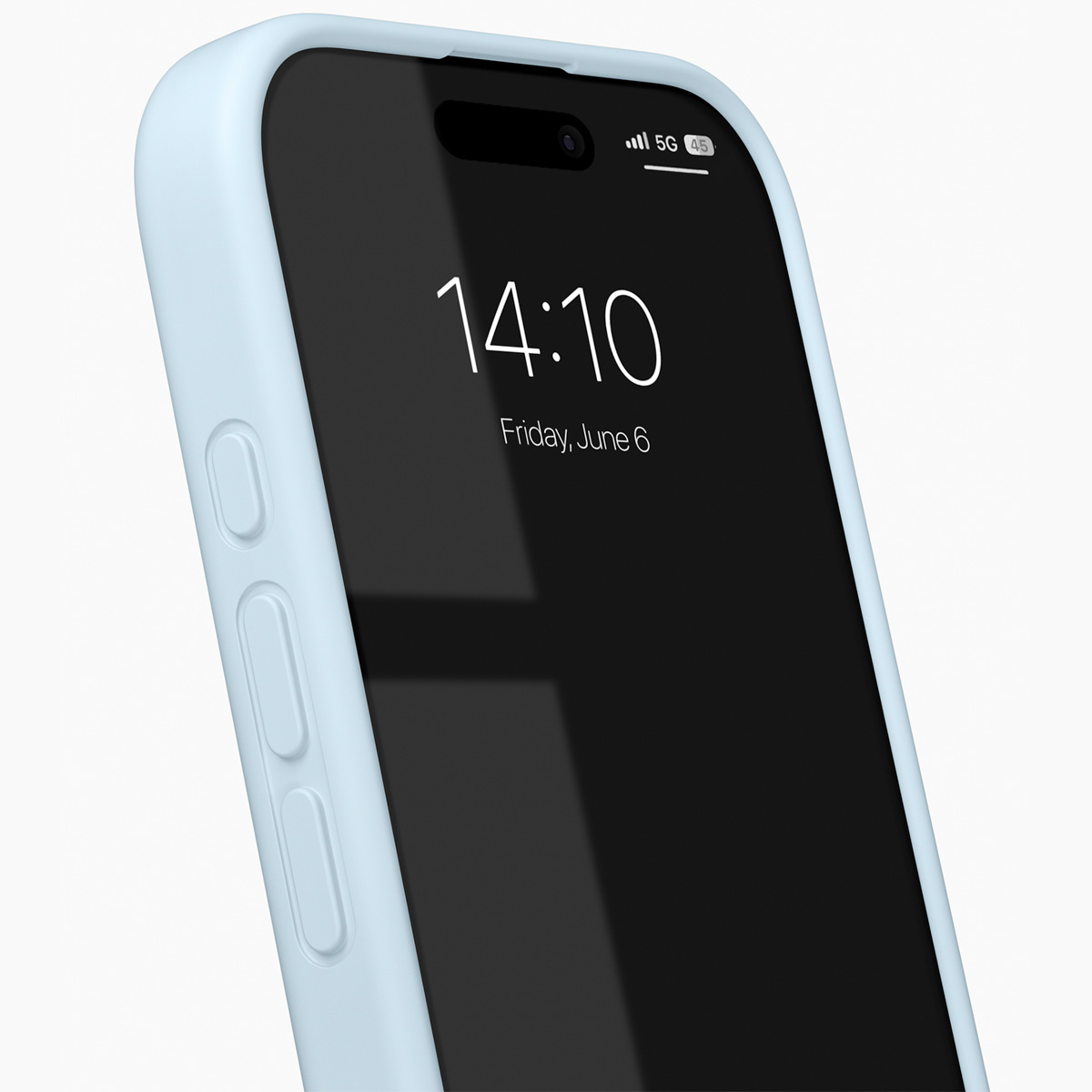 Ein hellblaues iPhone mit gesperrtem Bildschirm, 14:10 Uhr, Freitag, 6. Juni.