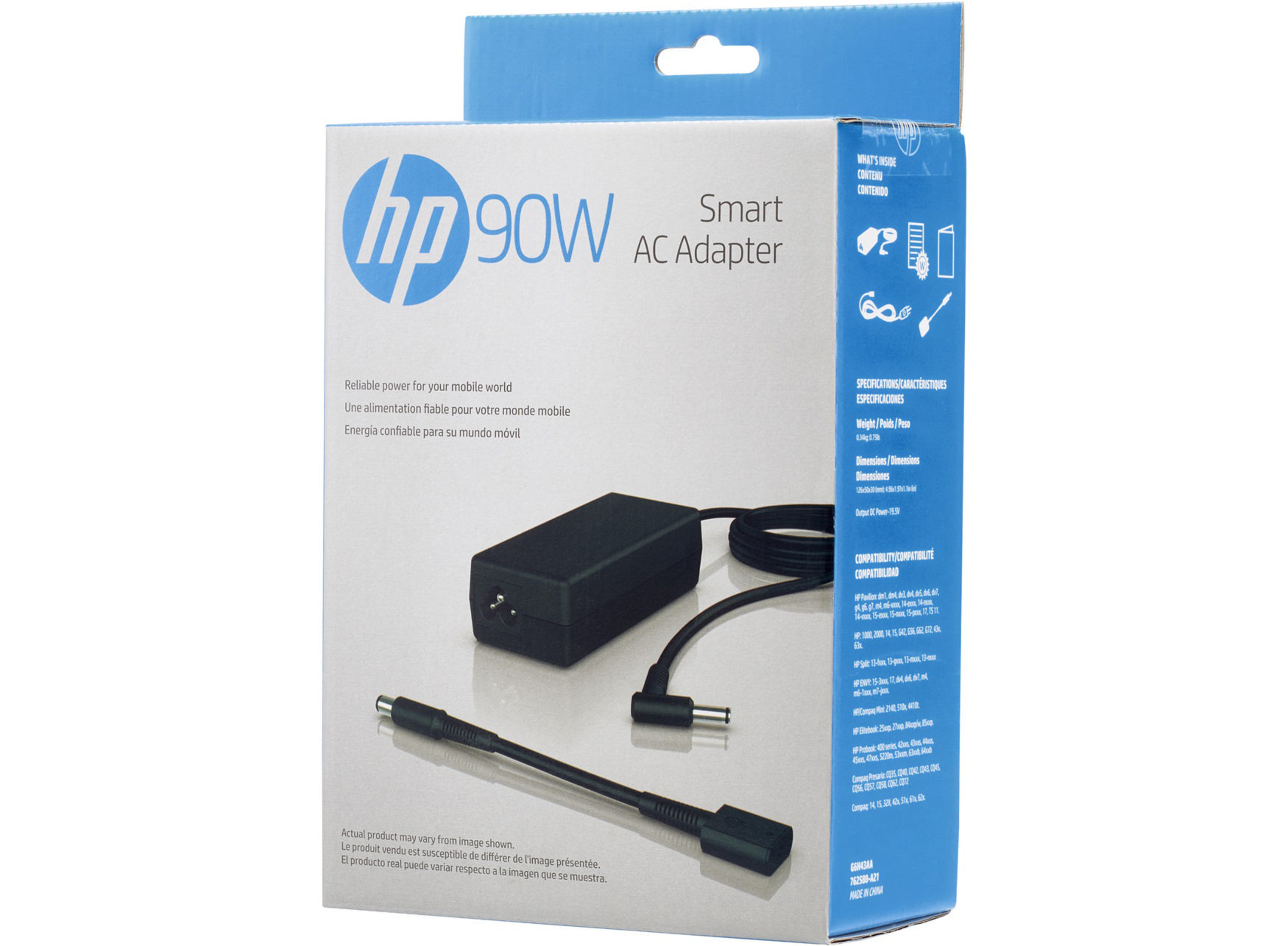Adapter sieciowy HP 90W Smart z kablami i opakowaniem.