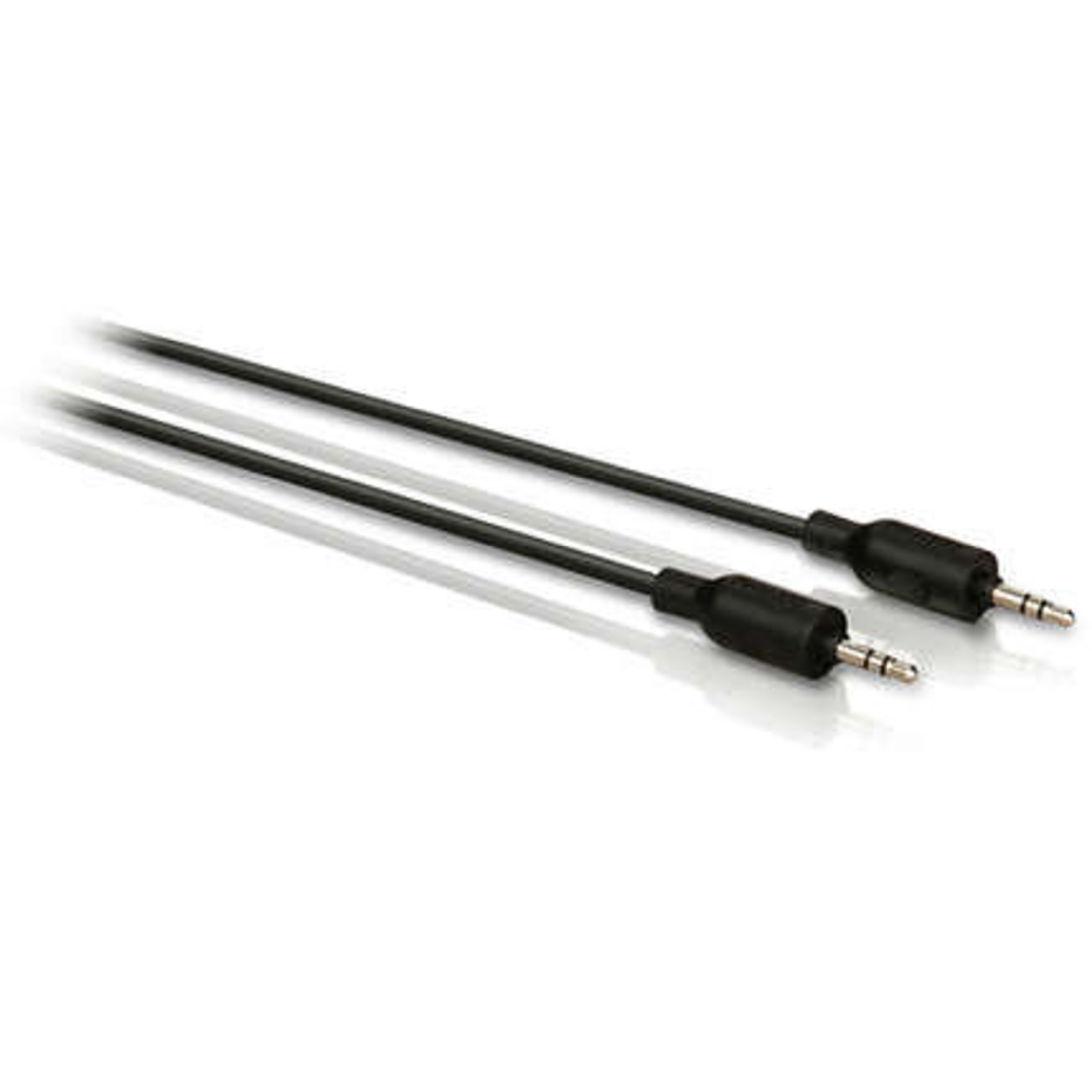 Due cavi audio neri con connettori jack stereo da 3,5 mm sono mostrati su uno sfondo bianco, estendendosi in diagonale.