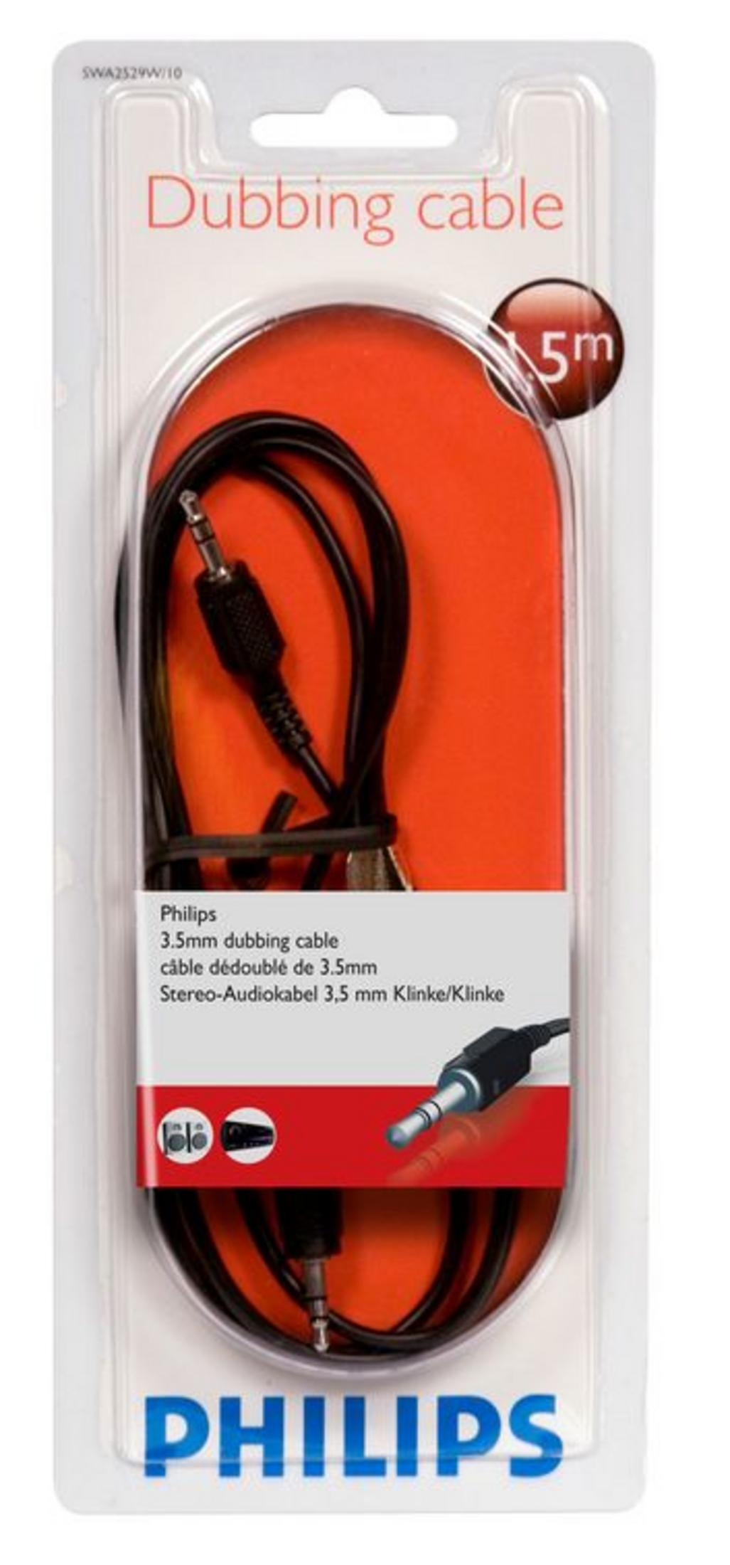 Confezione con cavo dubbing Philips da 3,5 mm, lunghezza 1,5 m, cavo audio stereo.