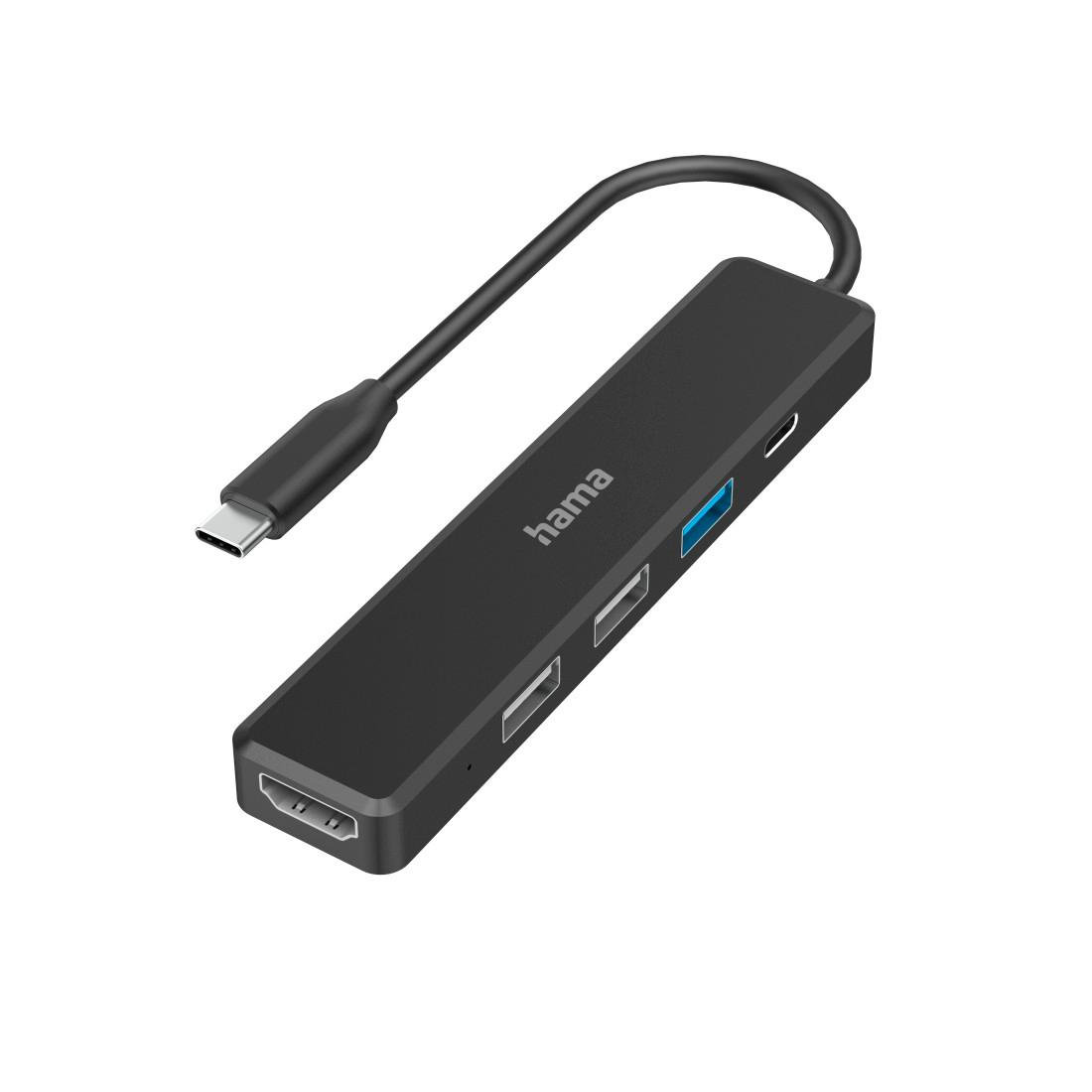 Czarny hub USB-C z portami HDMI, USB-A i USB-C.
