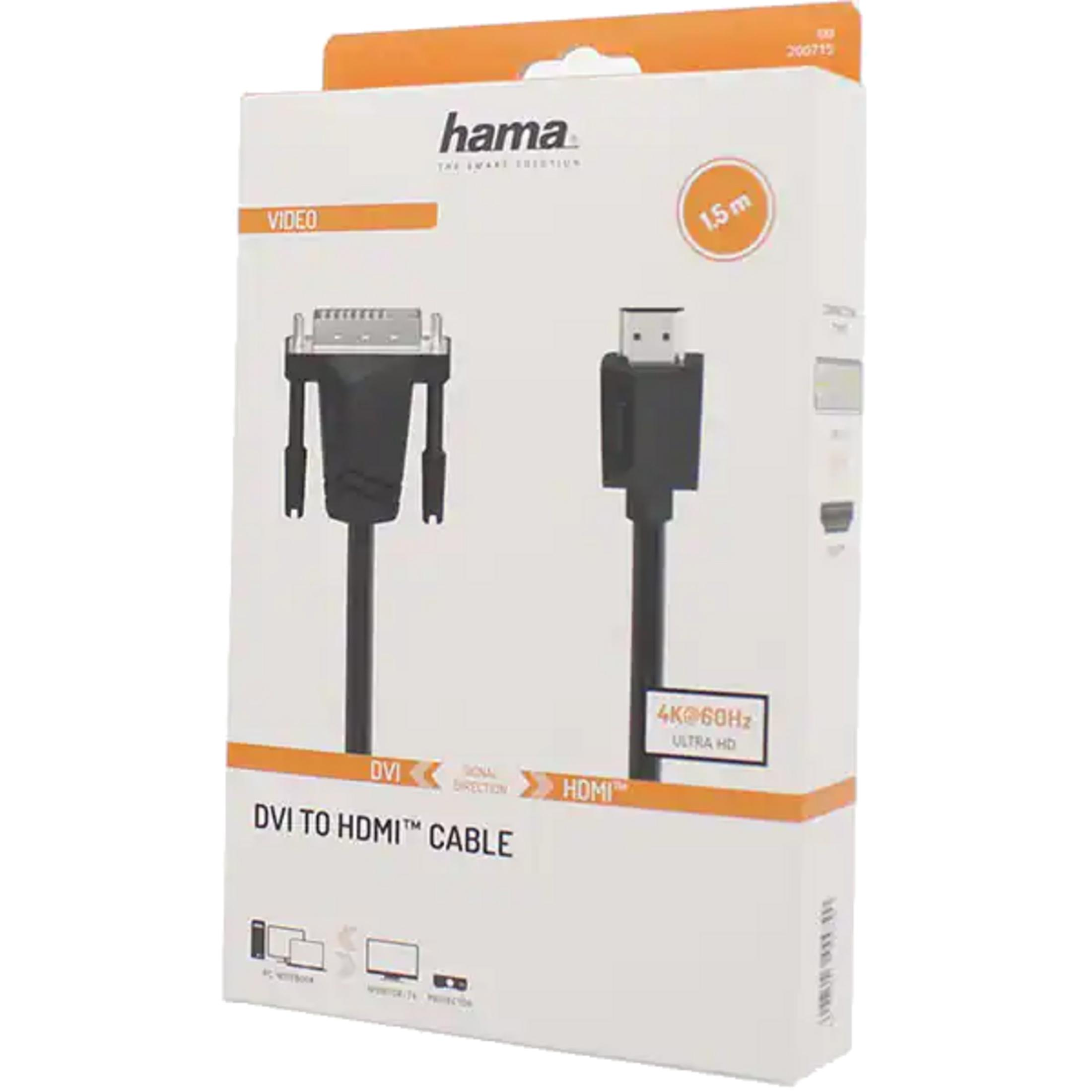 Hama DVI to HDMI cable 1.5m, 4K@60Hz, Ultra HD.